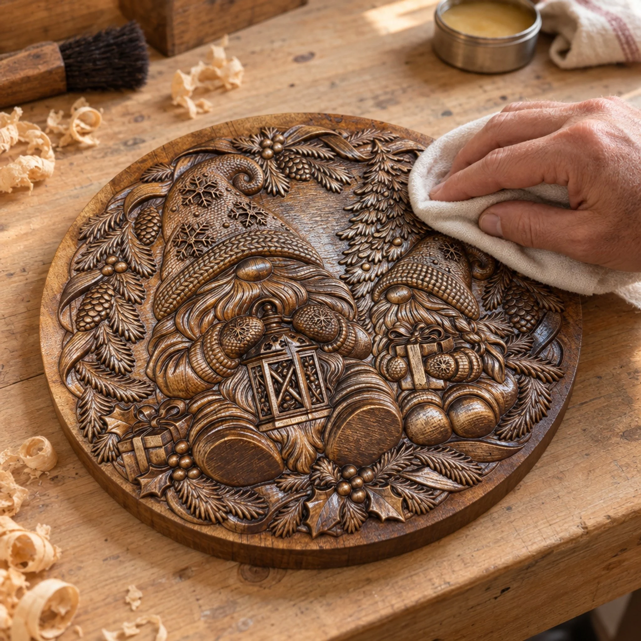 A hand polishing the carved gnome plaque on a woodworking bench