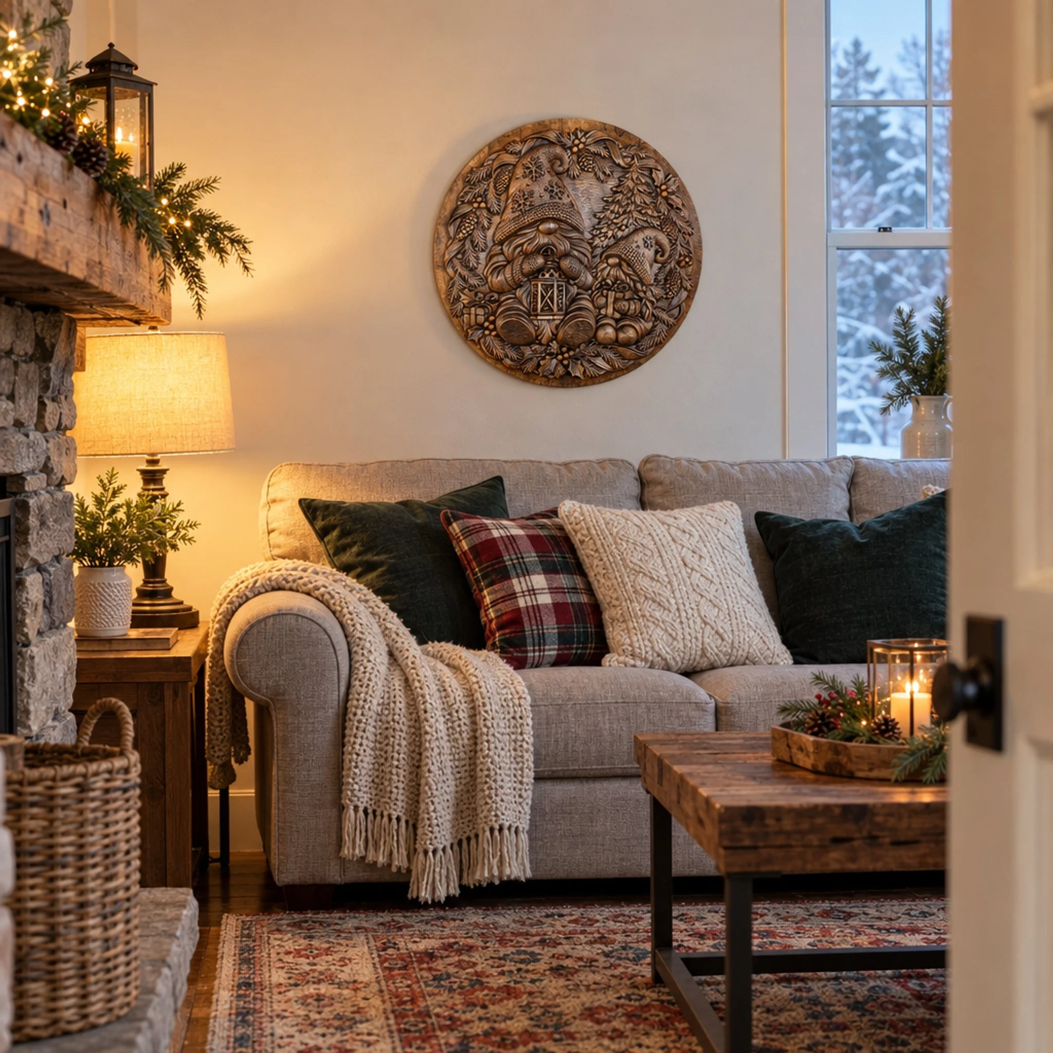 Carved Christmas gnome plaque above a sofa in a cozy living room