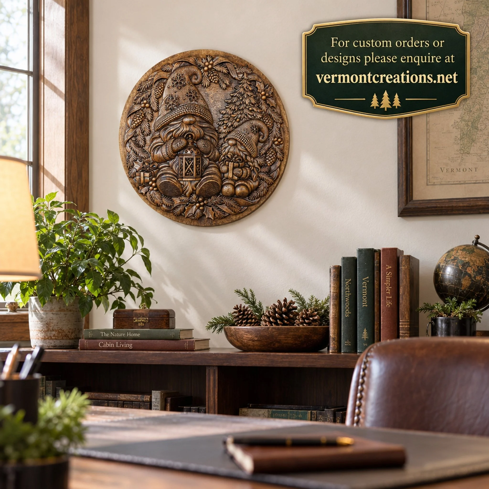 Gnome plaque on a home-office wall with a custom-order sign