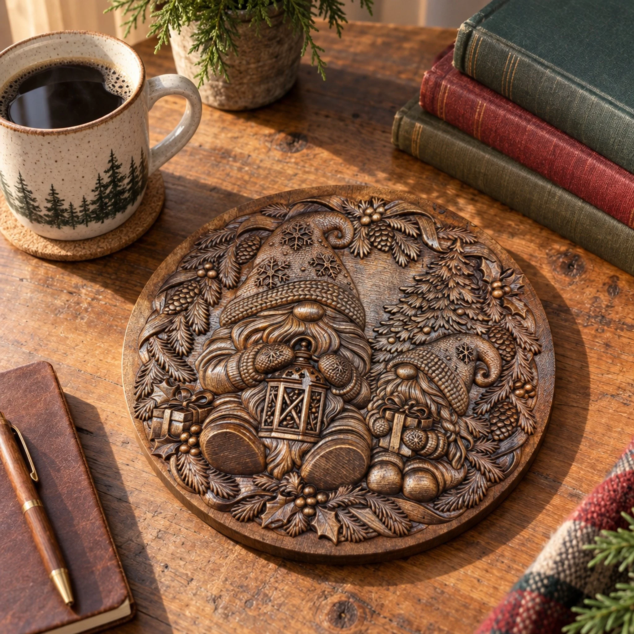 Round gnome plaque on a table beside a coffee mug and stacked books for scale