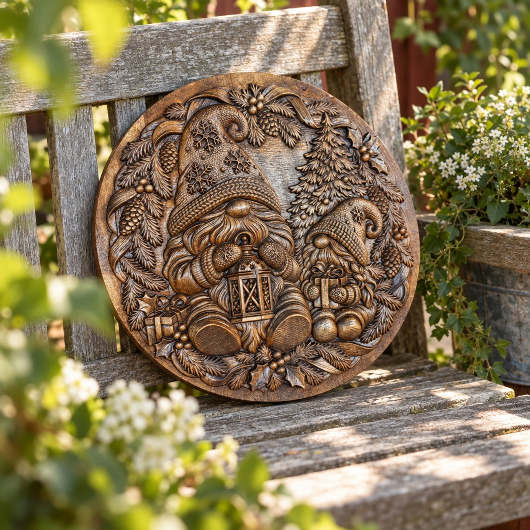 Round gnome plaque resting on a garden bench among flowers