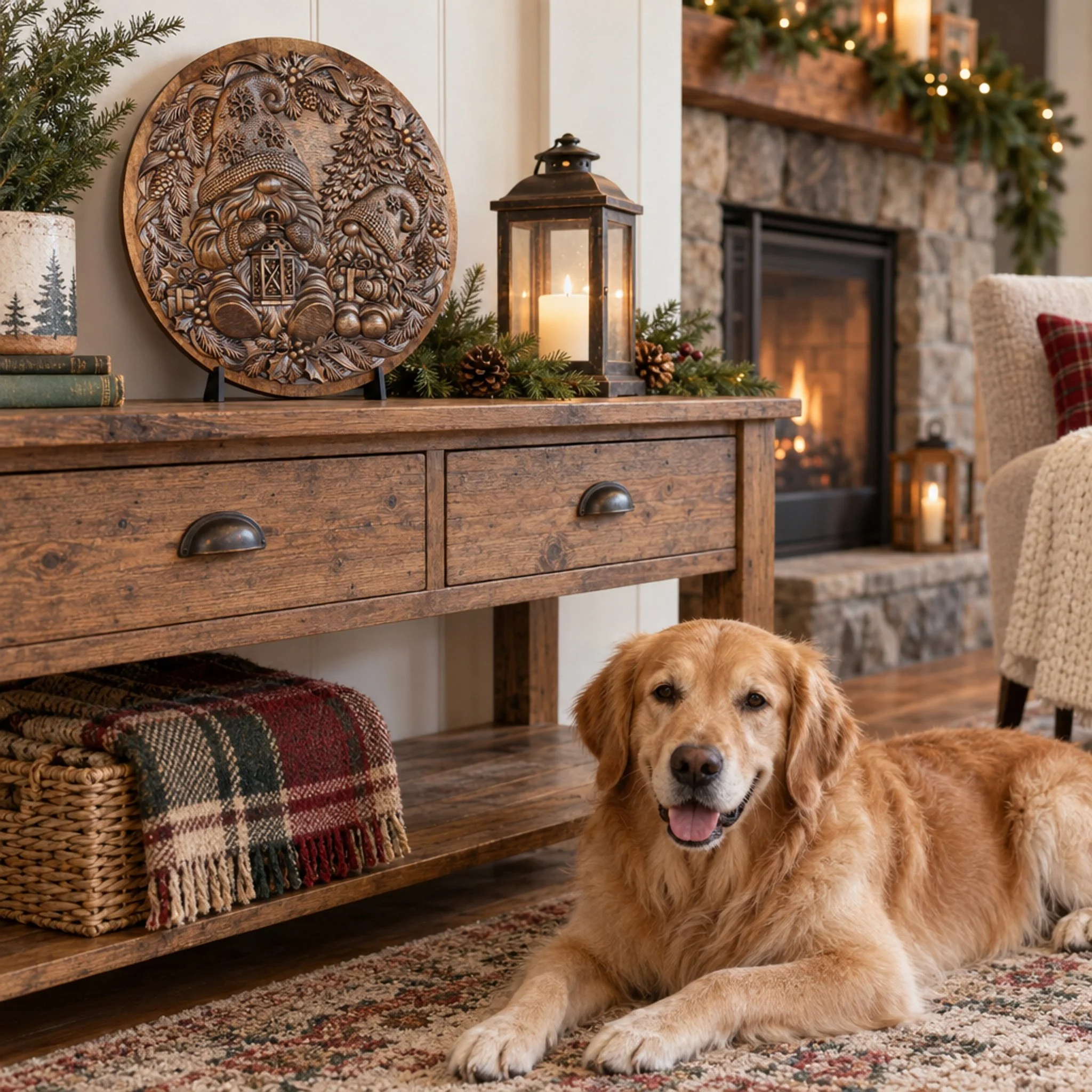 Gnome plaque displayed on a console by a fireplace with a golden retriever nearby