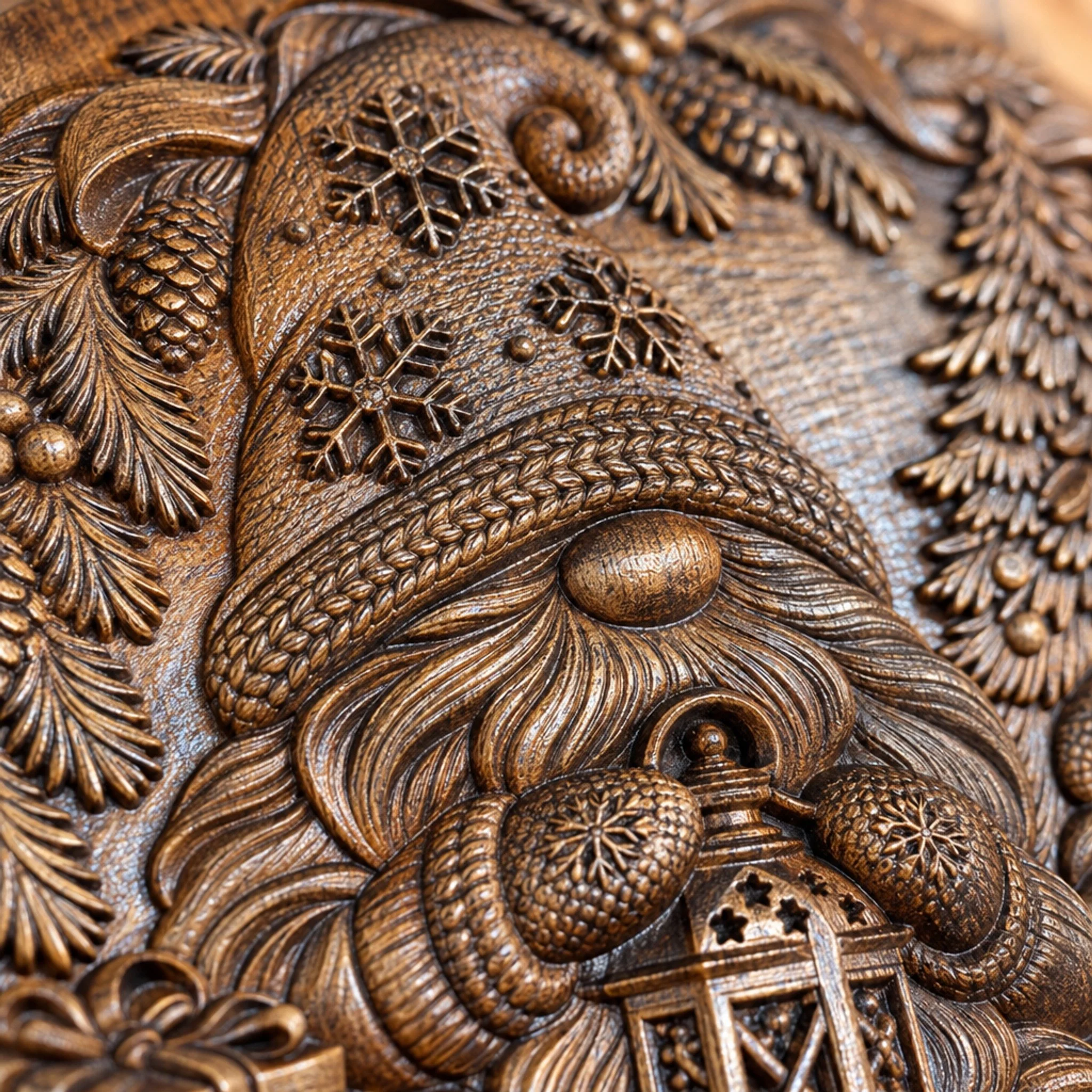 Close-up of wood grain and carved snowflakes on the gnome hat