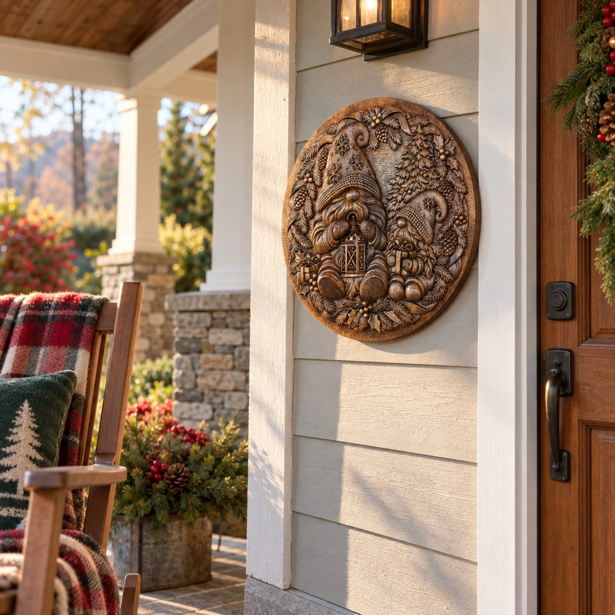 Gnome wood plaque on a covered porch wall beside the front door
