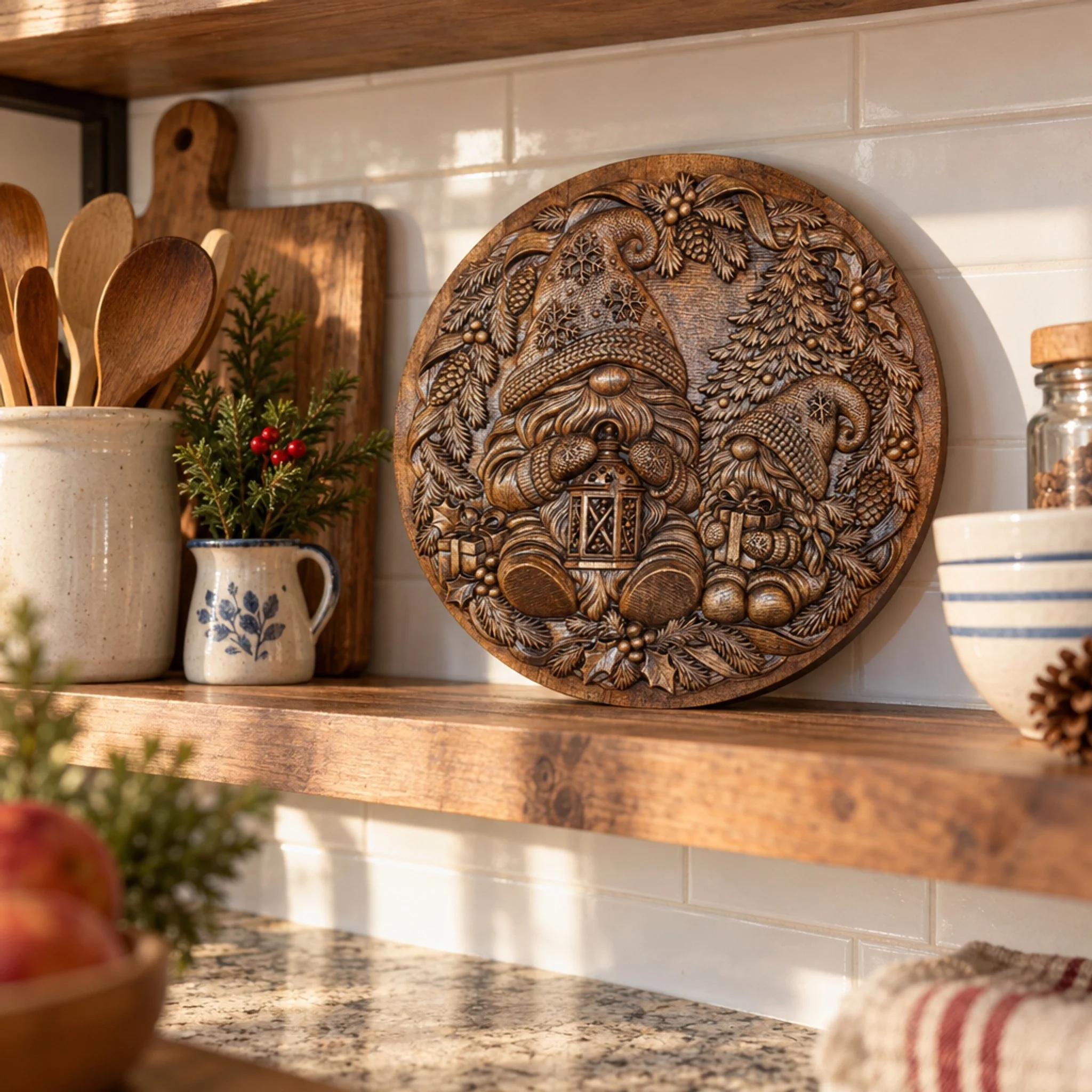 Christmas gnome plaque displayed on a kitchen shelf with holiday greenery