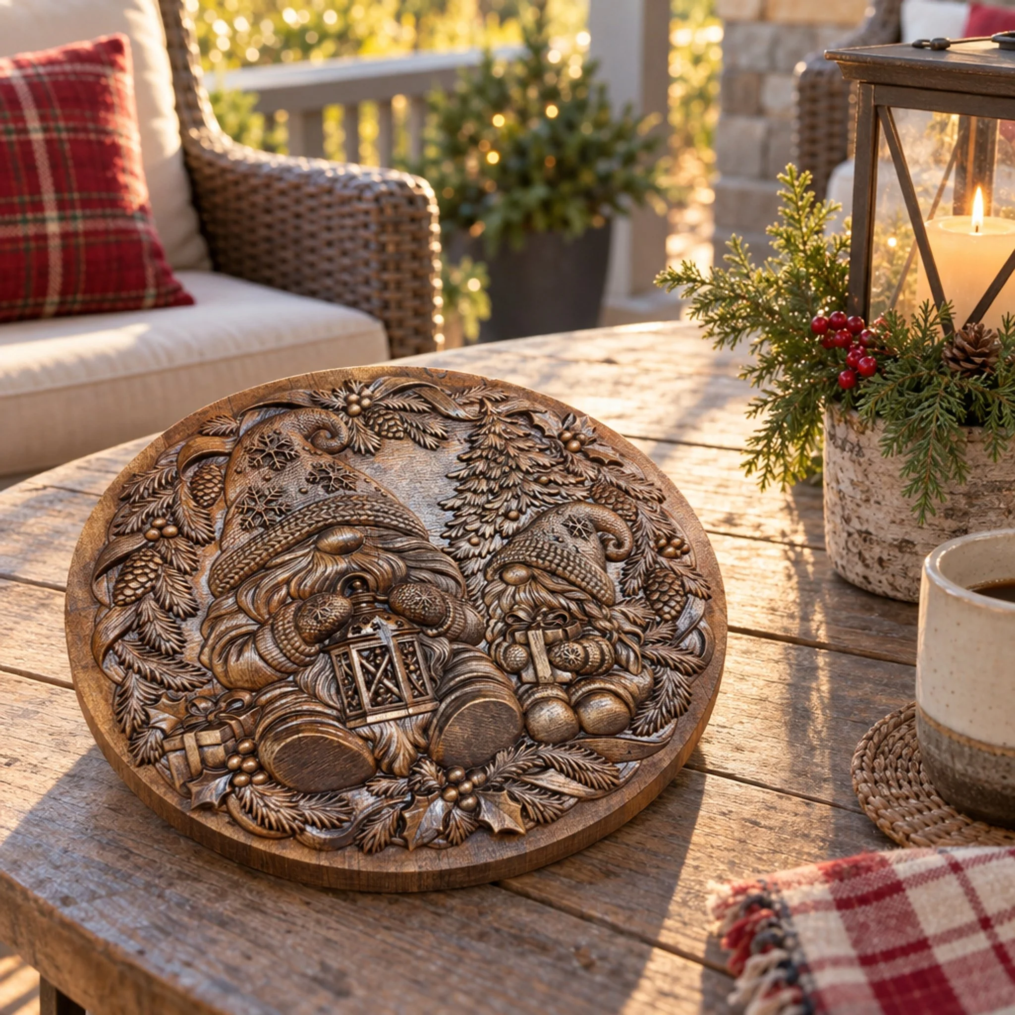 Round gnome plaque on an outdoor table beside a lantern and coffee