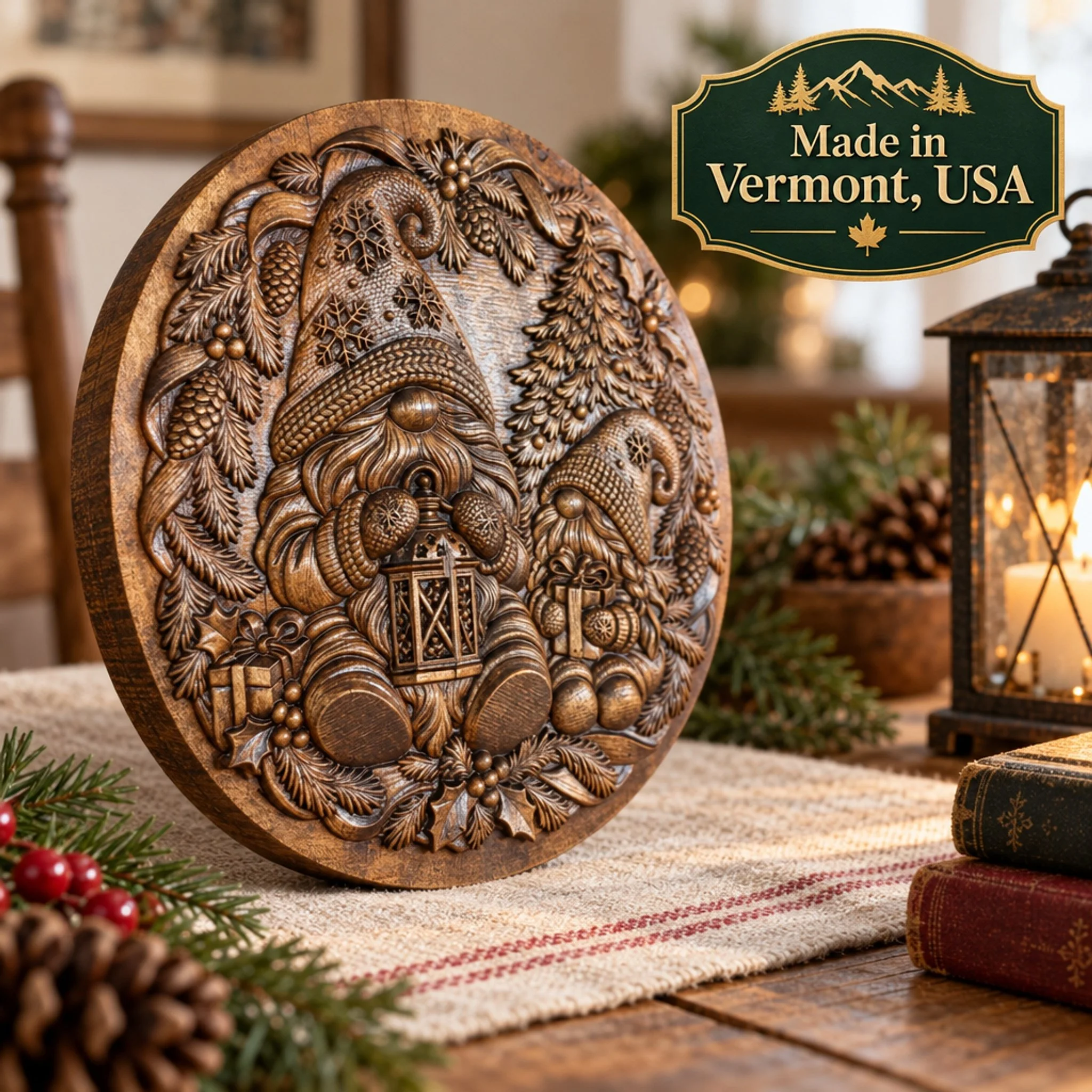 Angled view of carved Christmas gnome plaque beside lantern and Made in Vermont sign