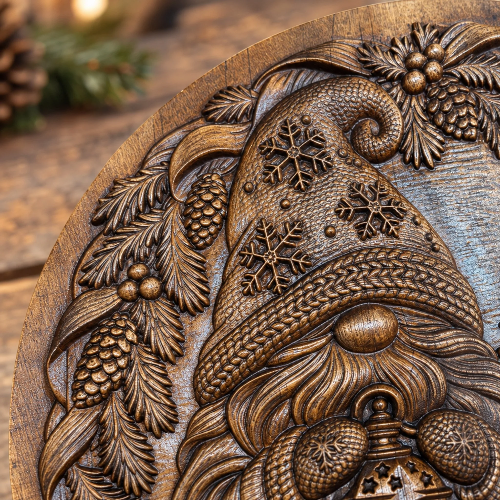 Close-up of the larger gnome’s snowflake hat and carved evergreen sprigs