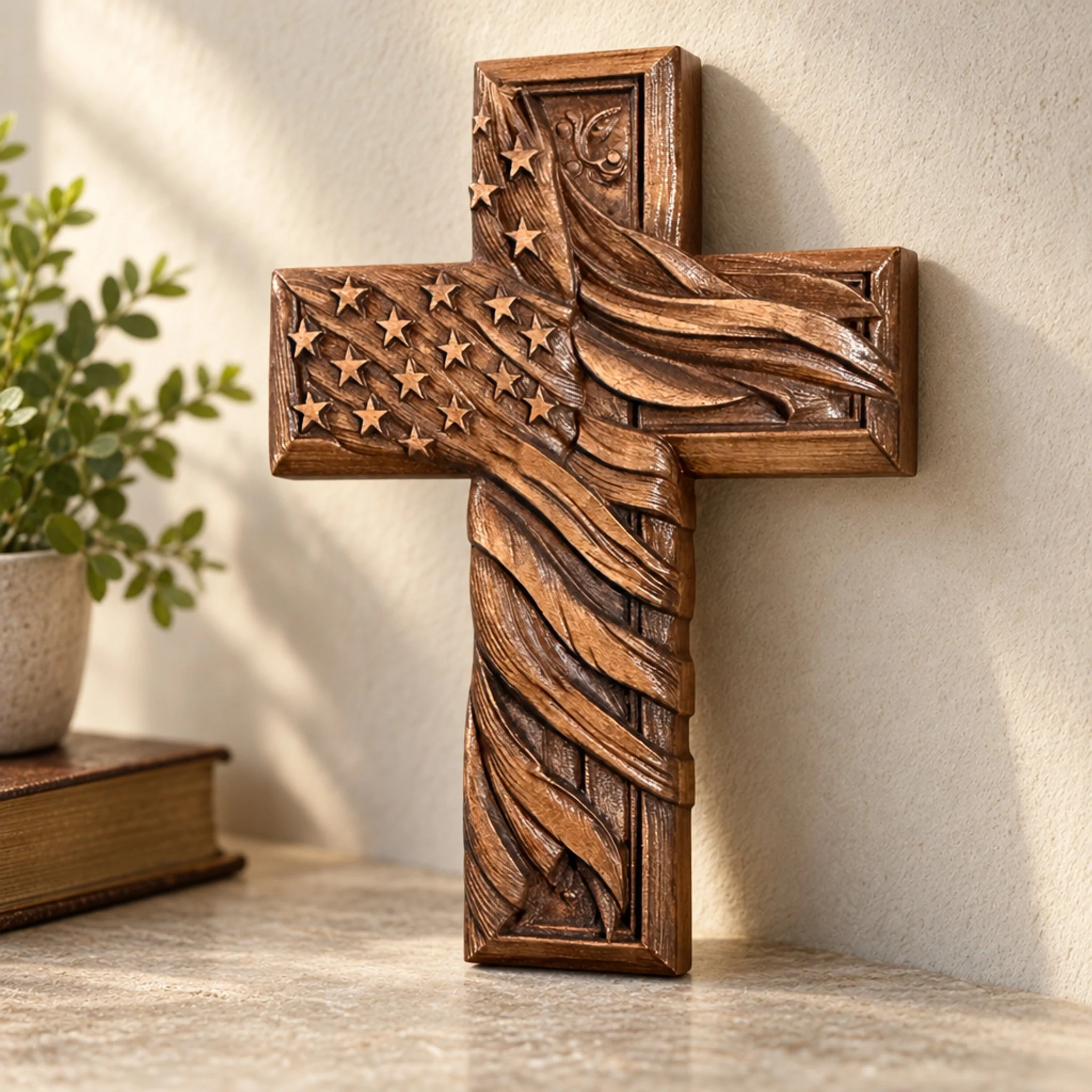 Dark walnut stained wood cross with carved American flag displayed on a wall above a console table