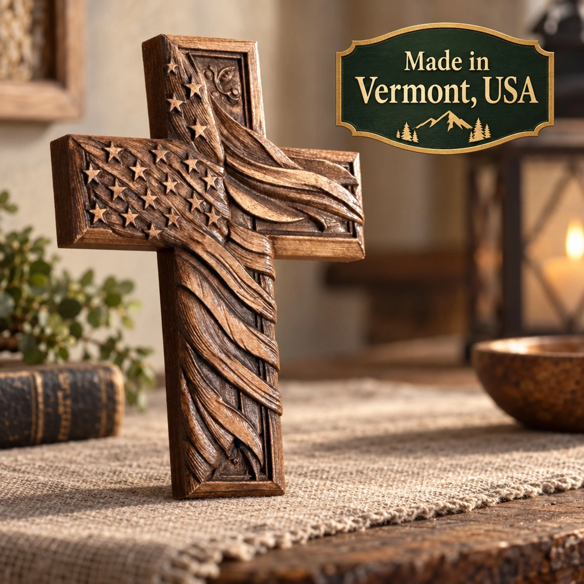Angled view of carved American flag wood cross with Made in Vermont USA text overlay