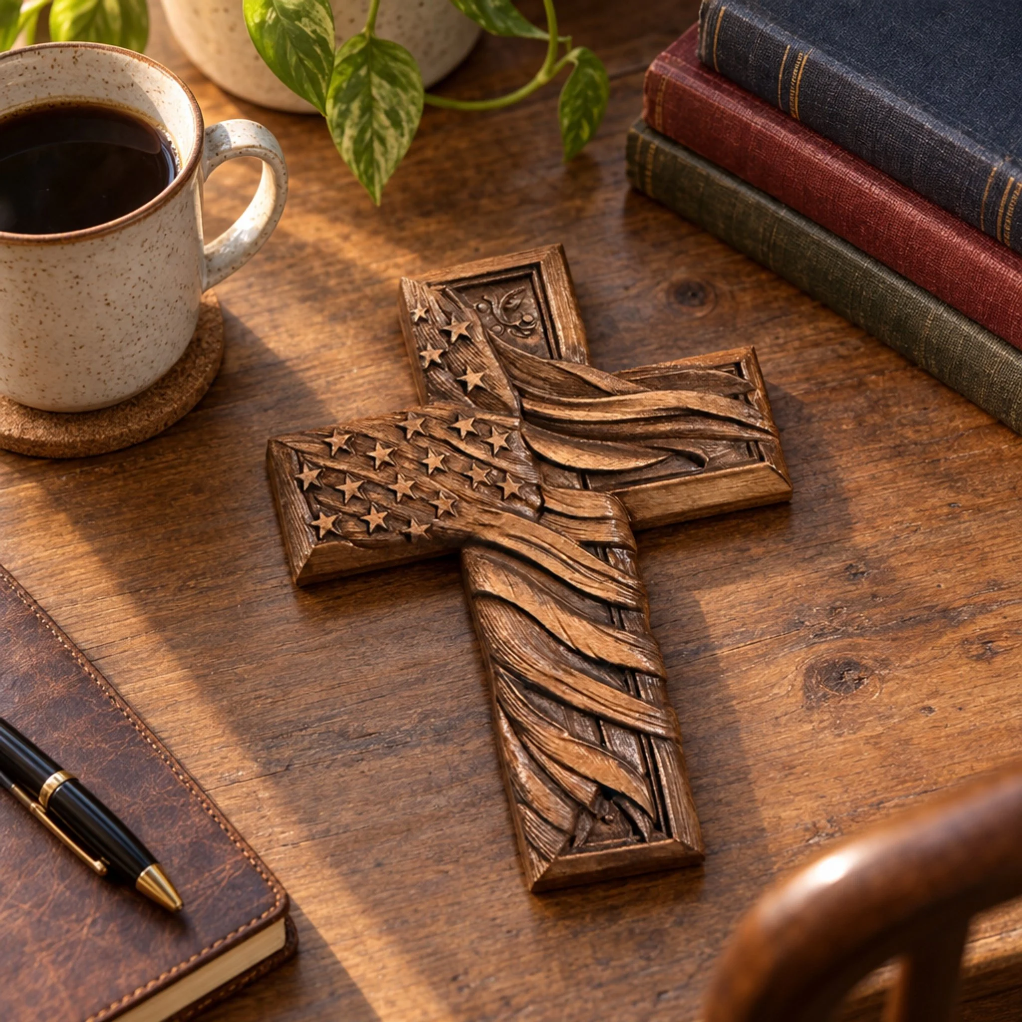 American flag wood cross viewed from above on a desk beside books, notebook and coffee