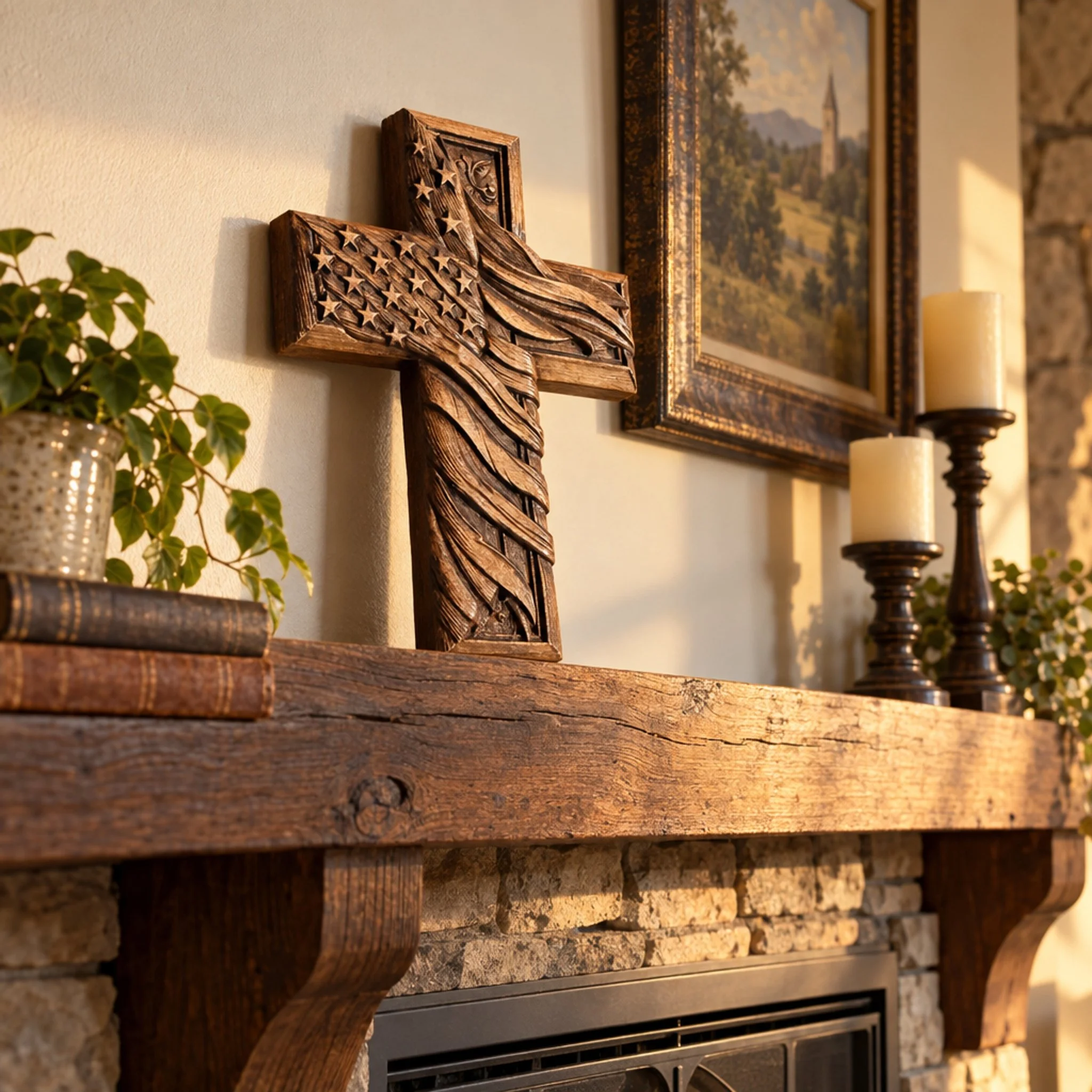 American flag wood cross displayed above a stone fireplace mantel