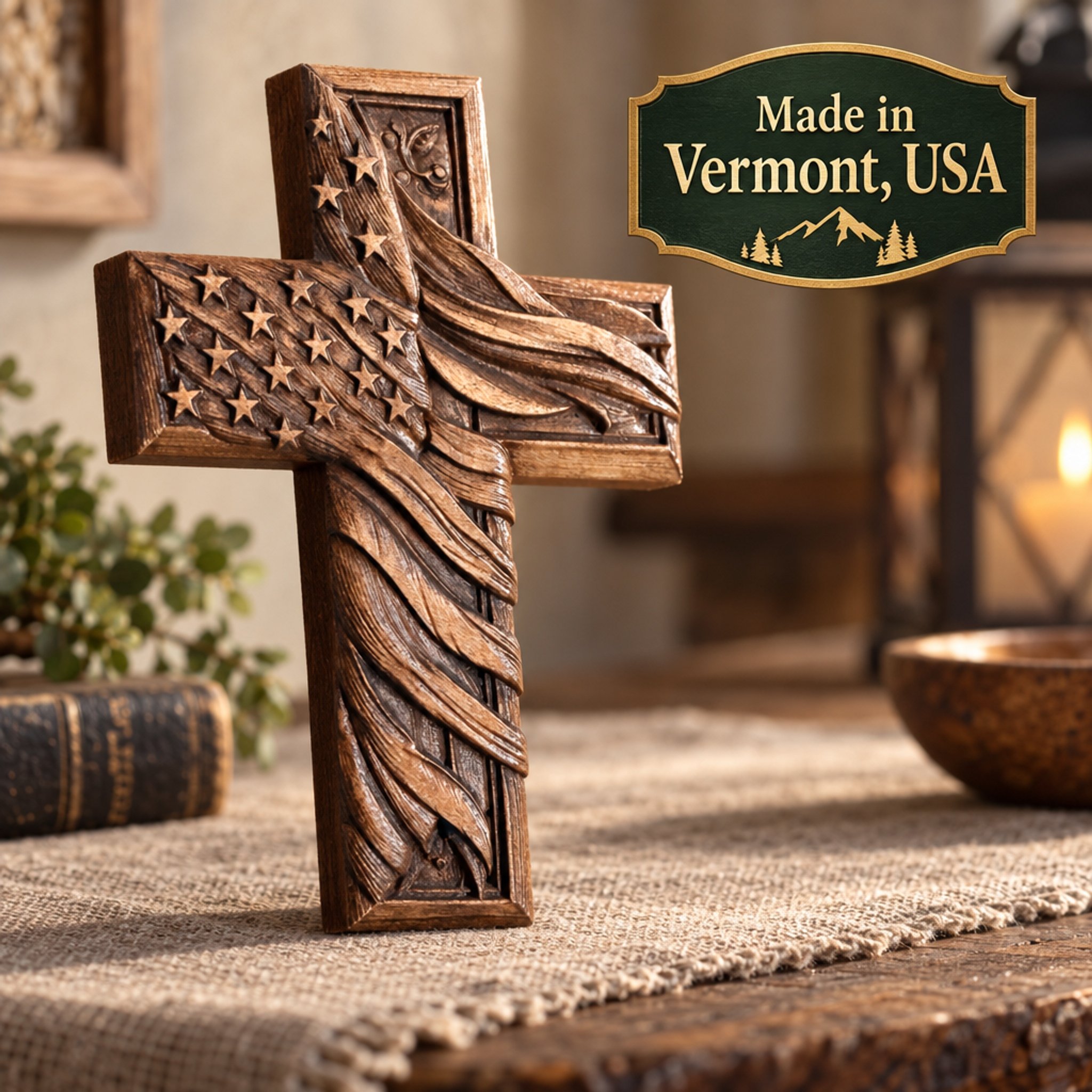 Angled view of carved American flag wood cross with Made in Vermont USA text overlay