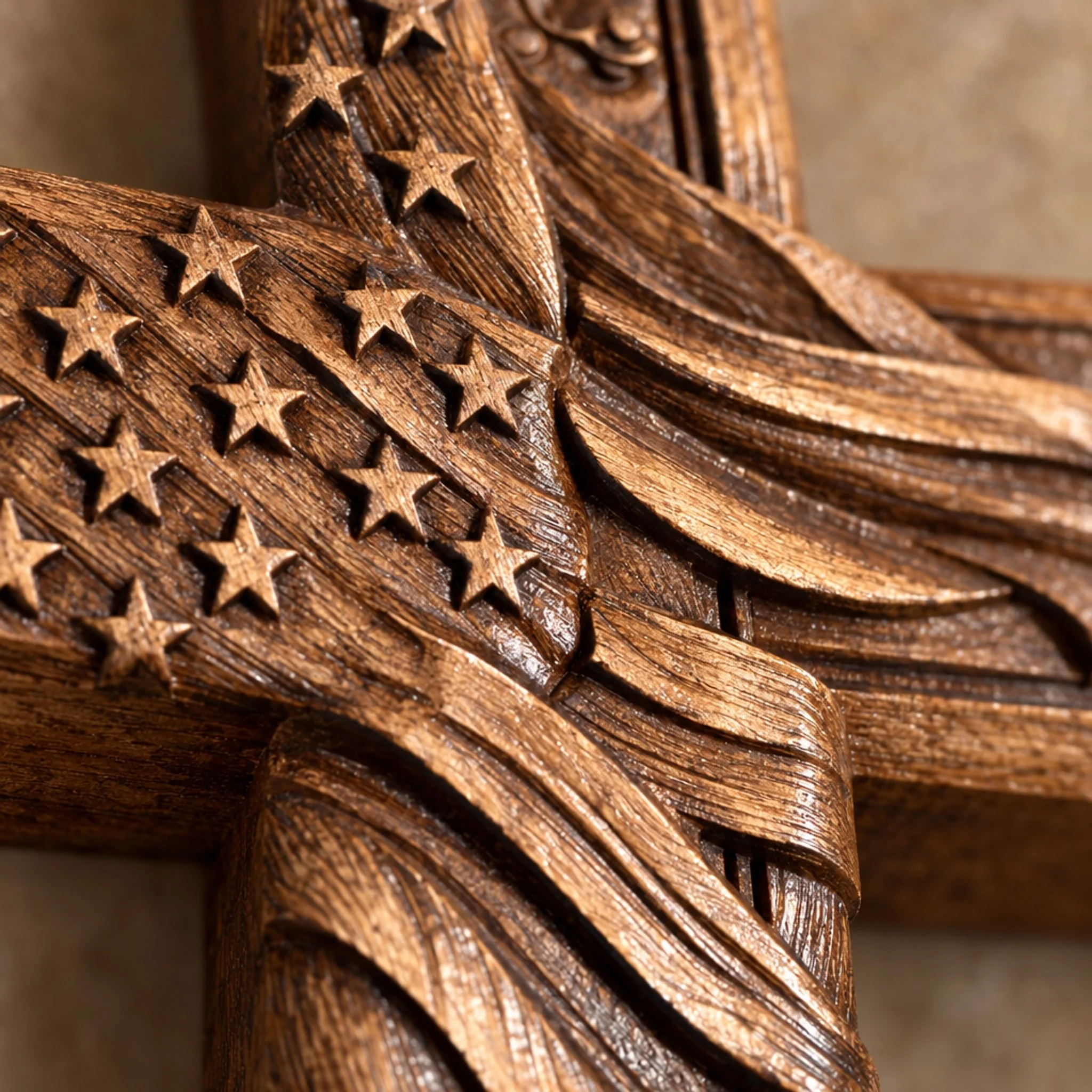Macro view of carved stars, flag folds and wood grain on the cross