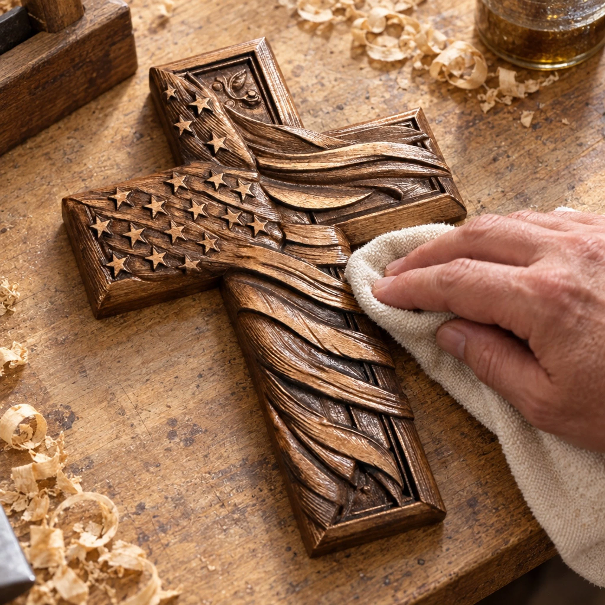 Hands polishing the carved American flag wood cross on a workbench