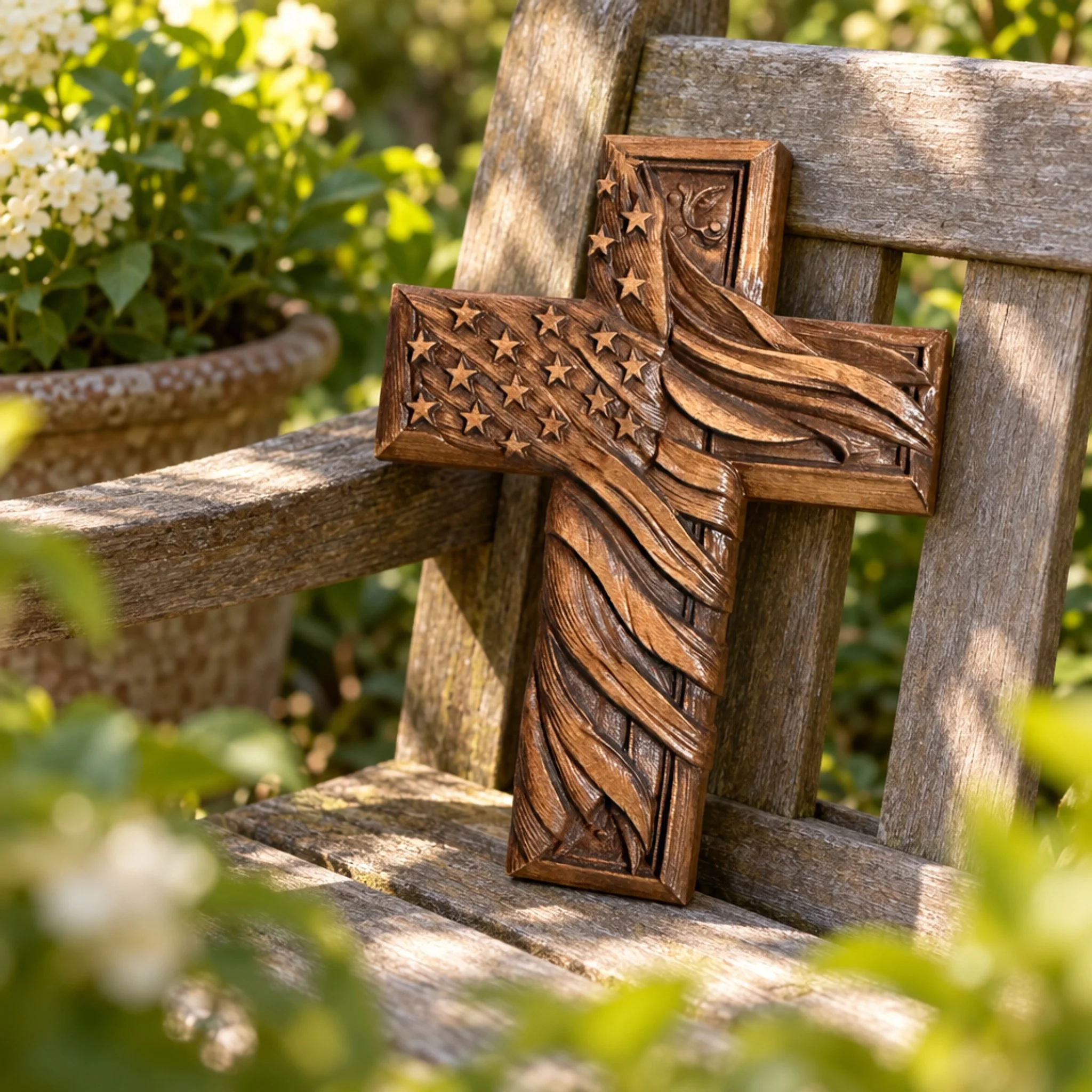 Carved American flag wood cross resting on a garden bench