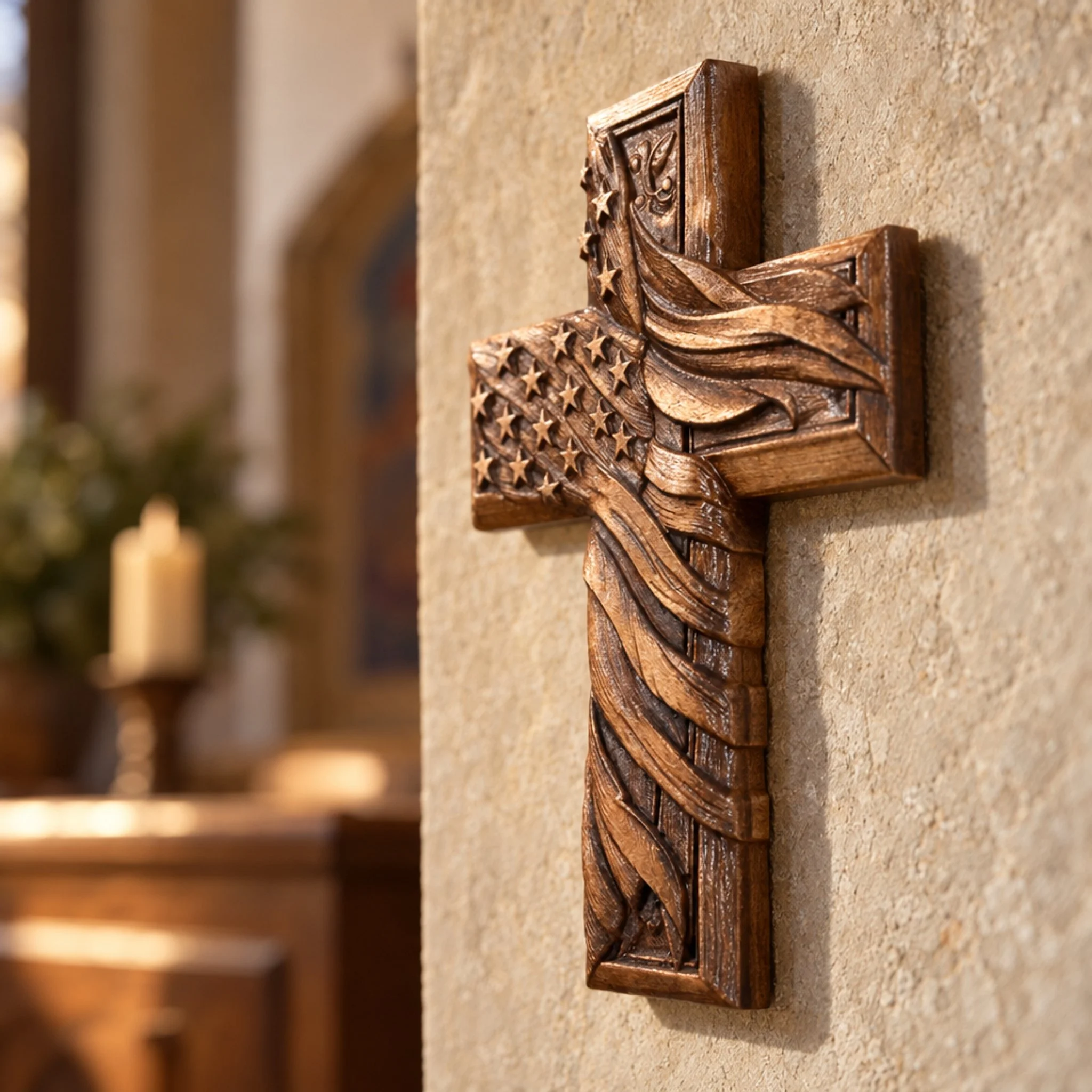 Side view of carved American flag wood cross showing its depth on a wall