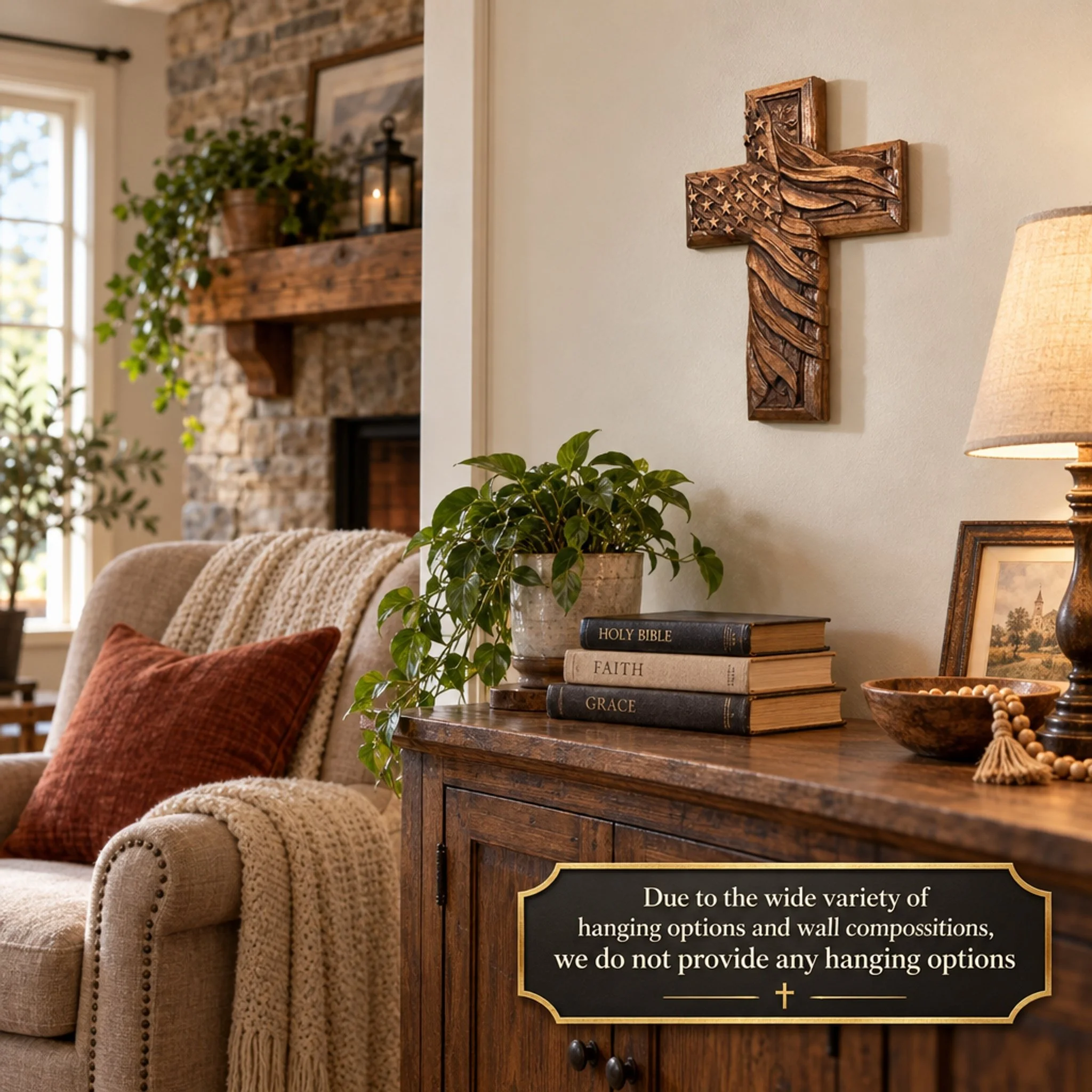 American flag wood cross above a living room console with no hanging options text overlay