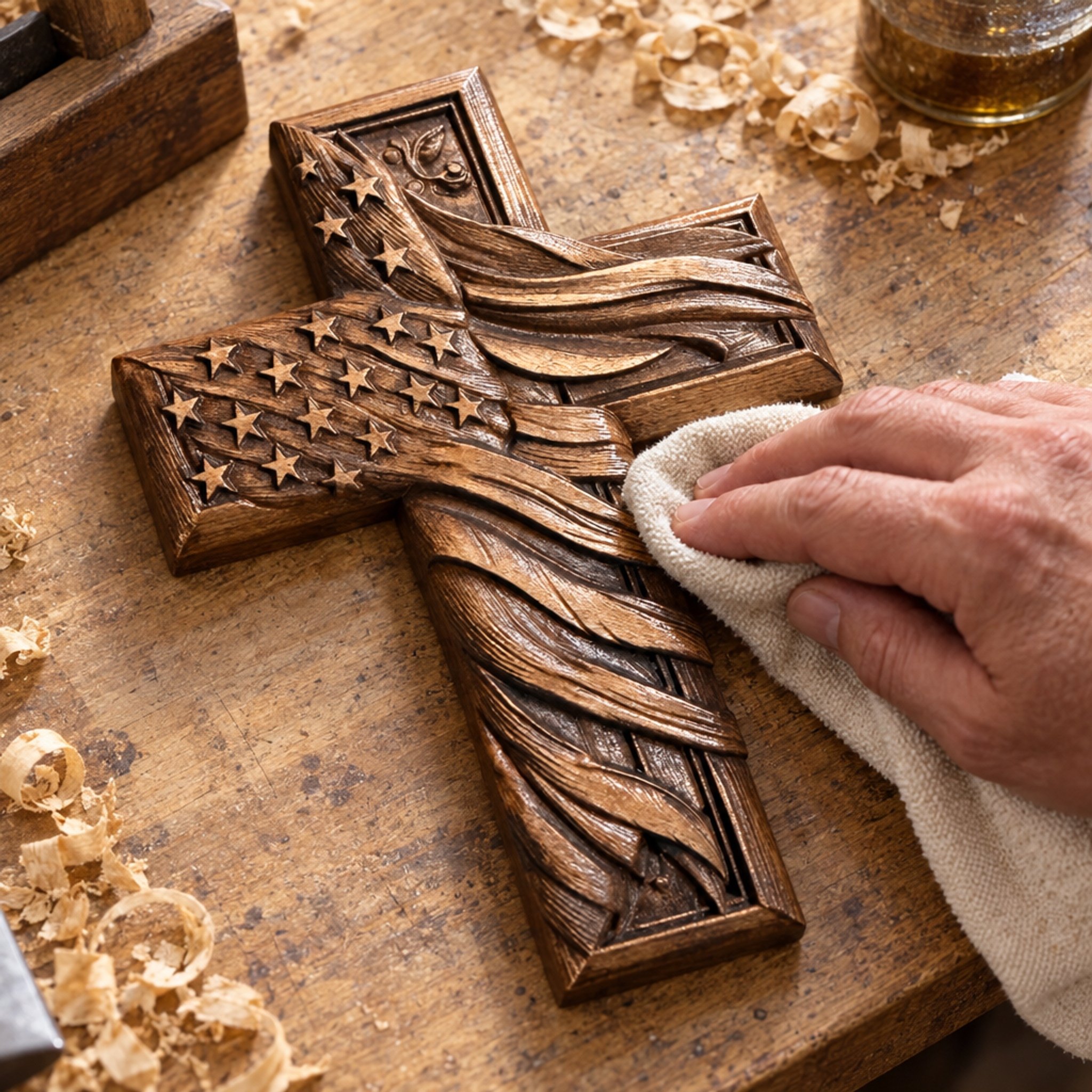 Hands polishing the carved American flag wood cross on a workbench