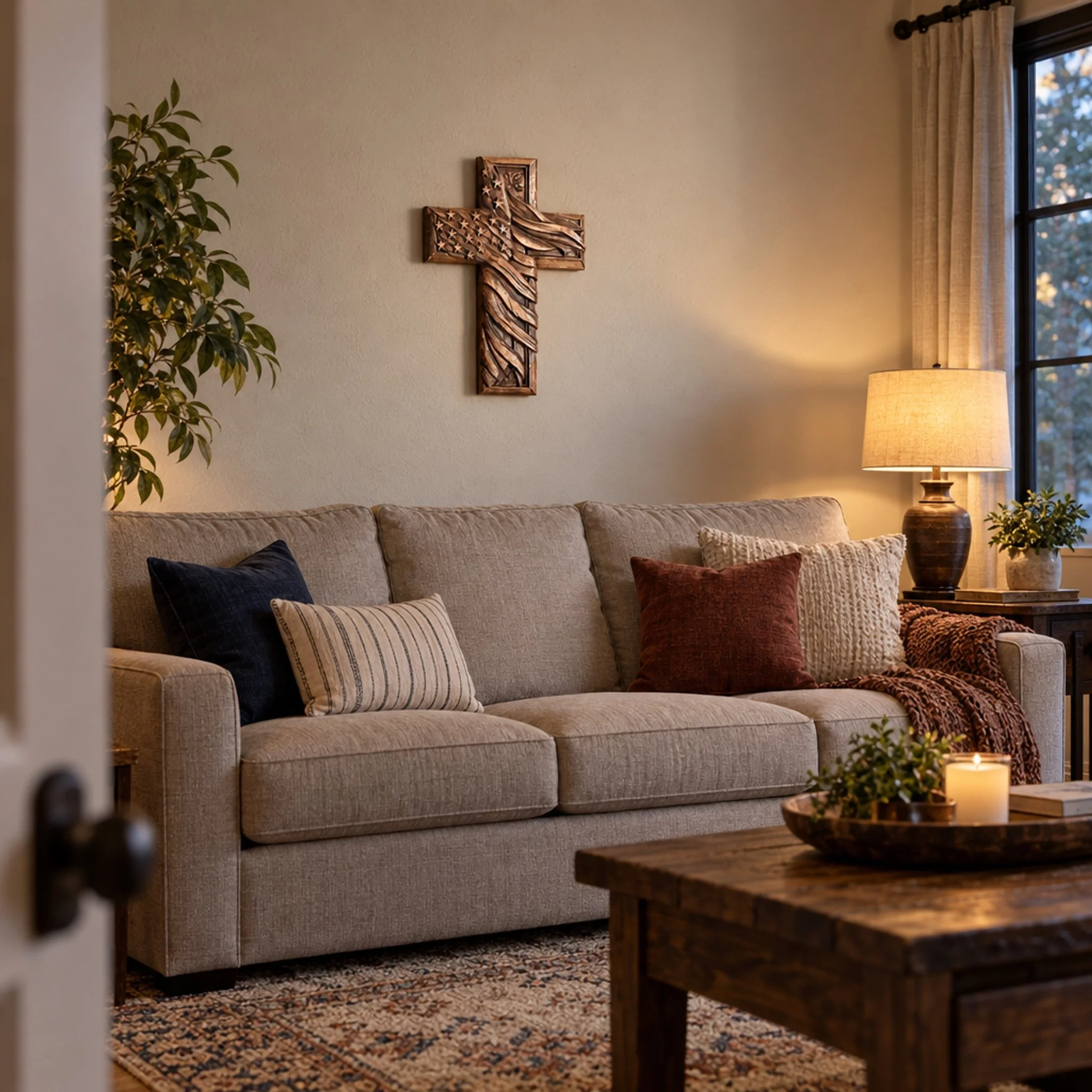 Carved American flag wood cross displayed above a living room sofa