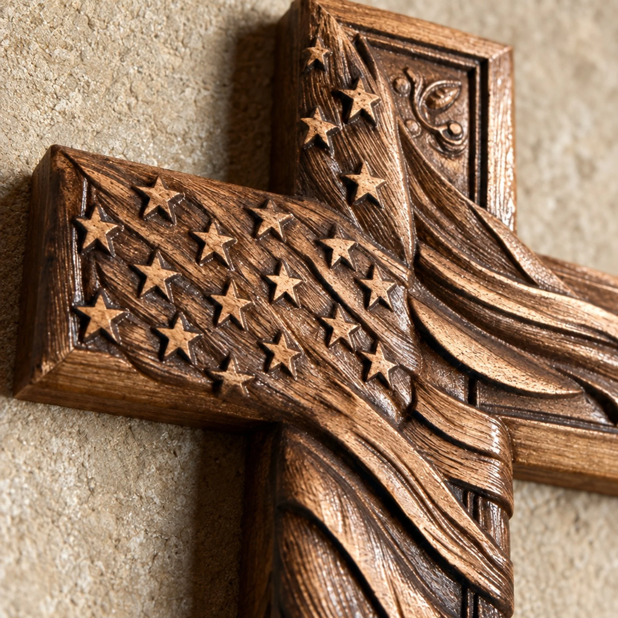 Close-up of carved stars and flowing stripes on the wood cross