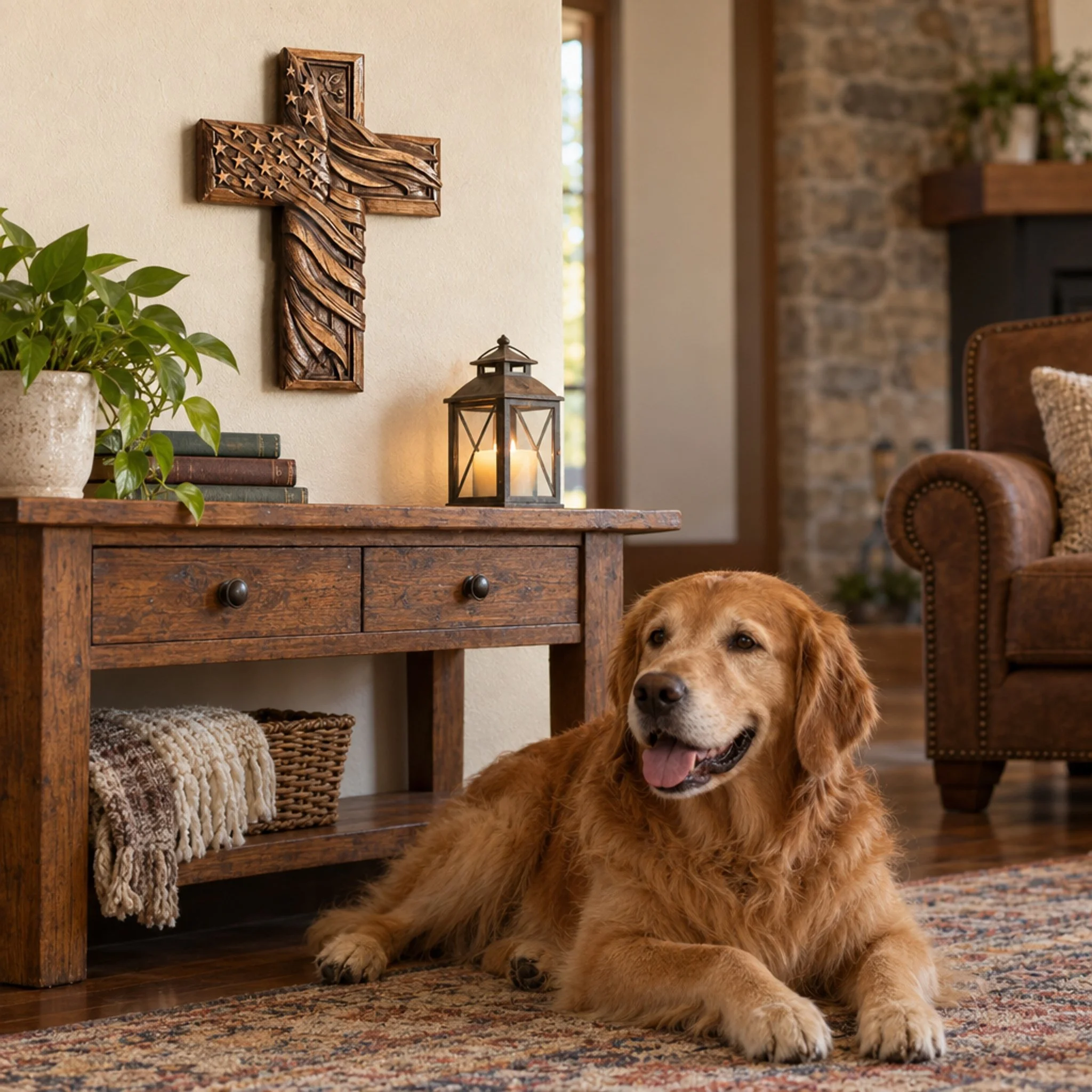 American flag wood cross on a living room wall above a wood console with a dog nearby