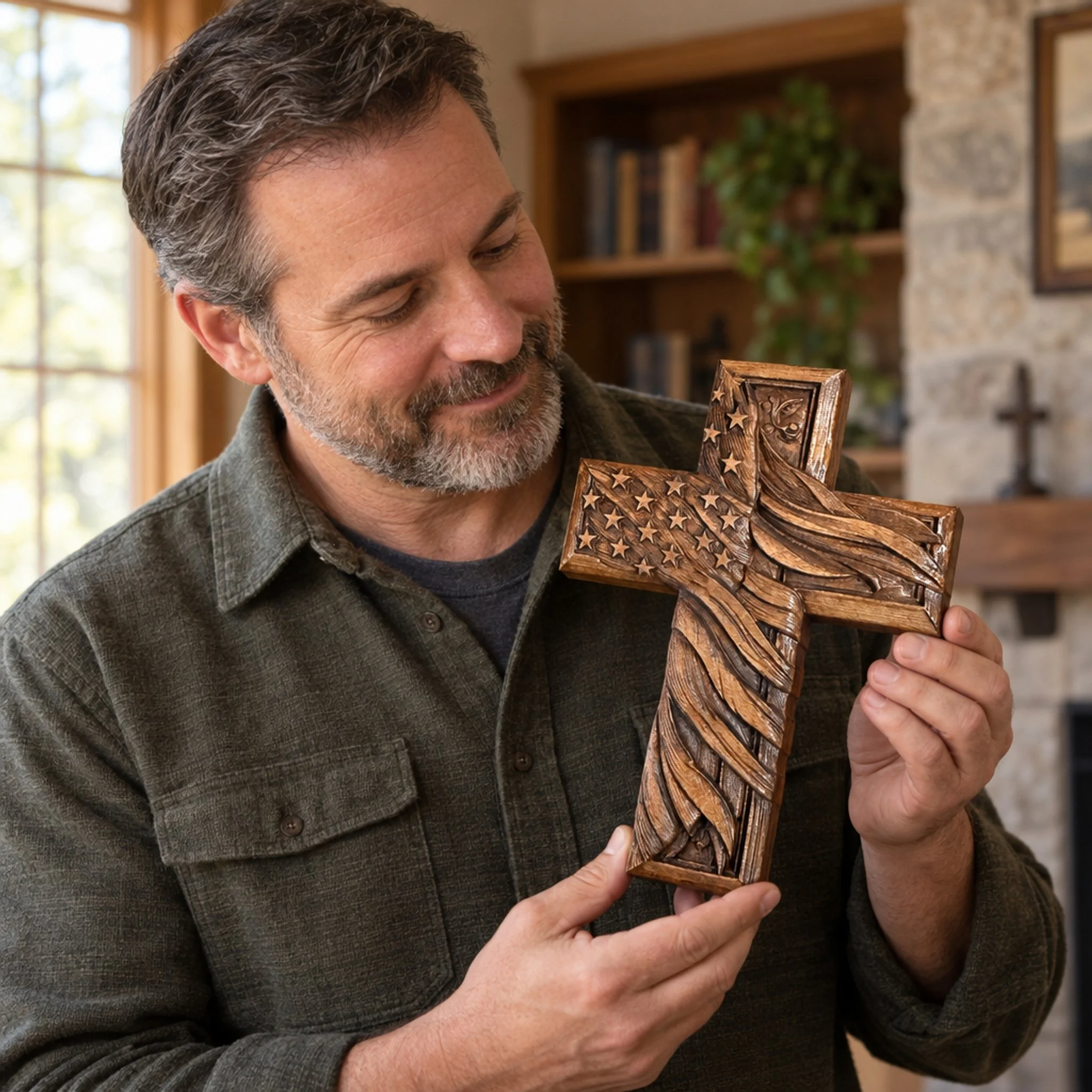 Person holding the carved American flag wood cross and looking at its details