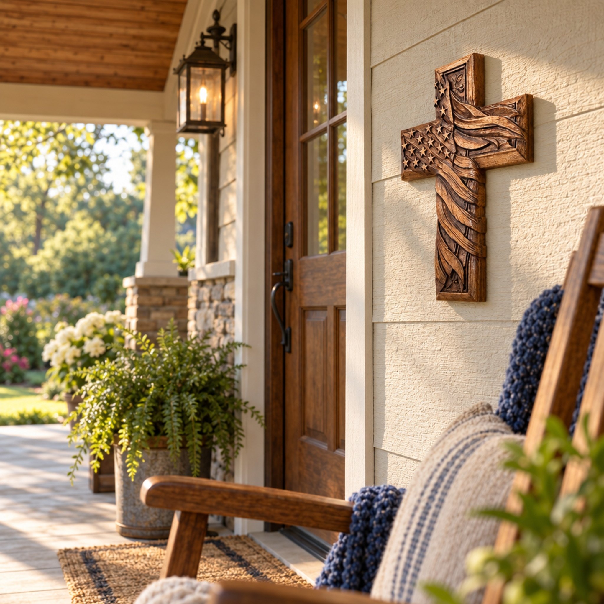 American flag wood cross on a covered porch beside the front door