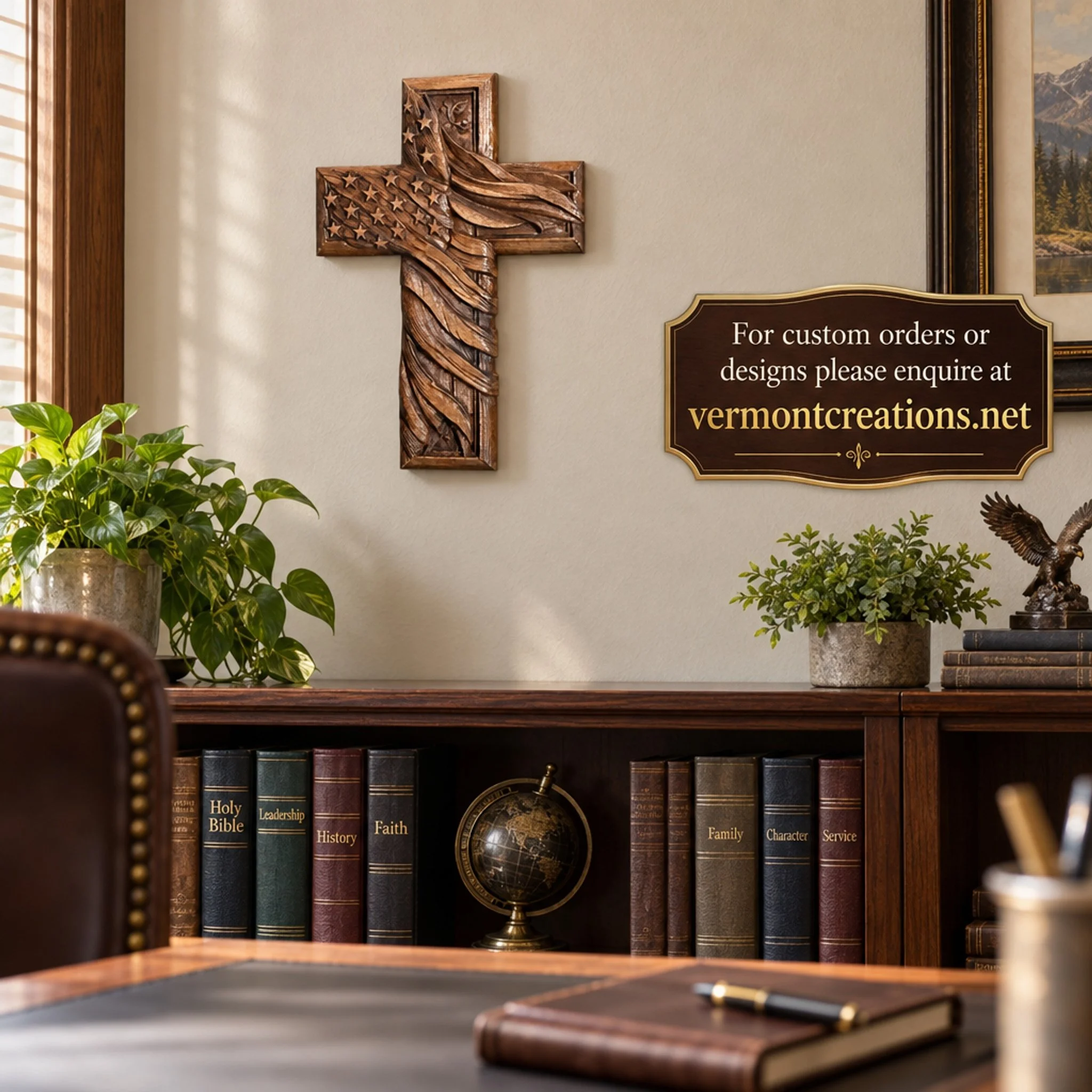 American flag wood cross in a home office with custom orders sign