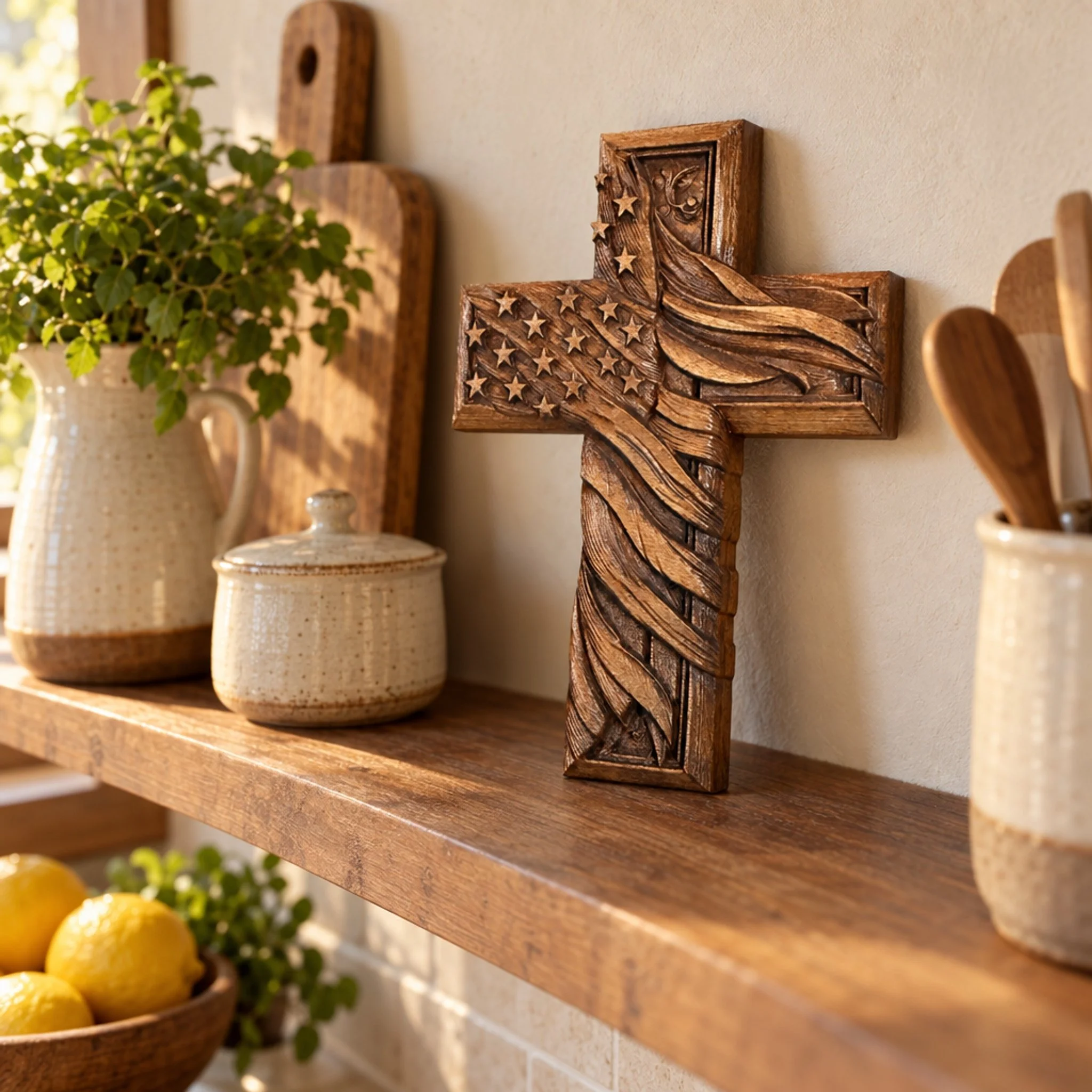 American flag wood cross on a kitchen shelf with plants and pottery