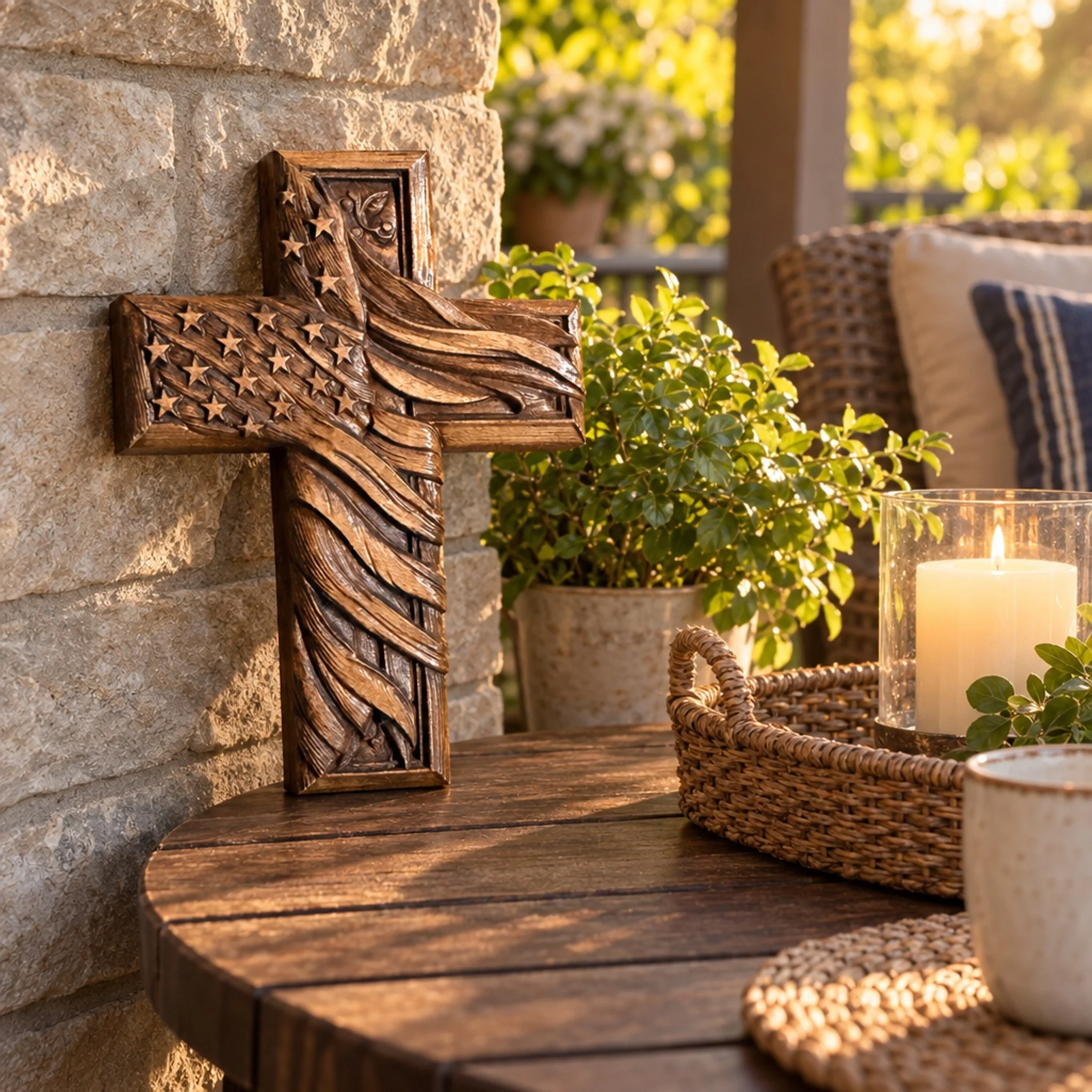 American flag wood cross on a porch table beside a plant and candle