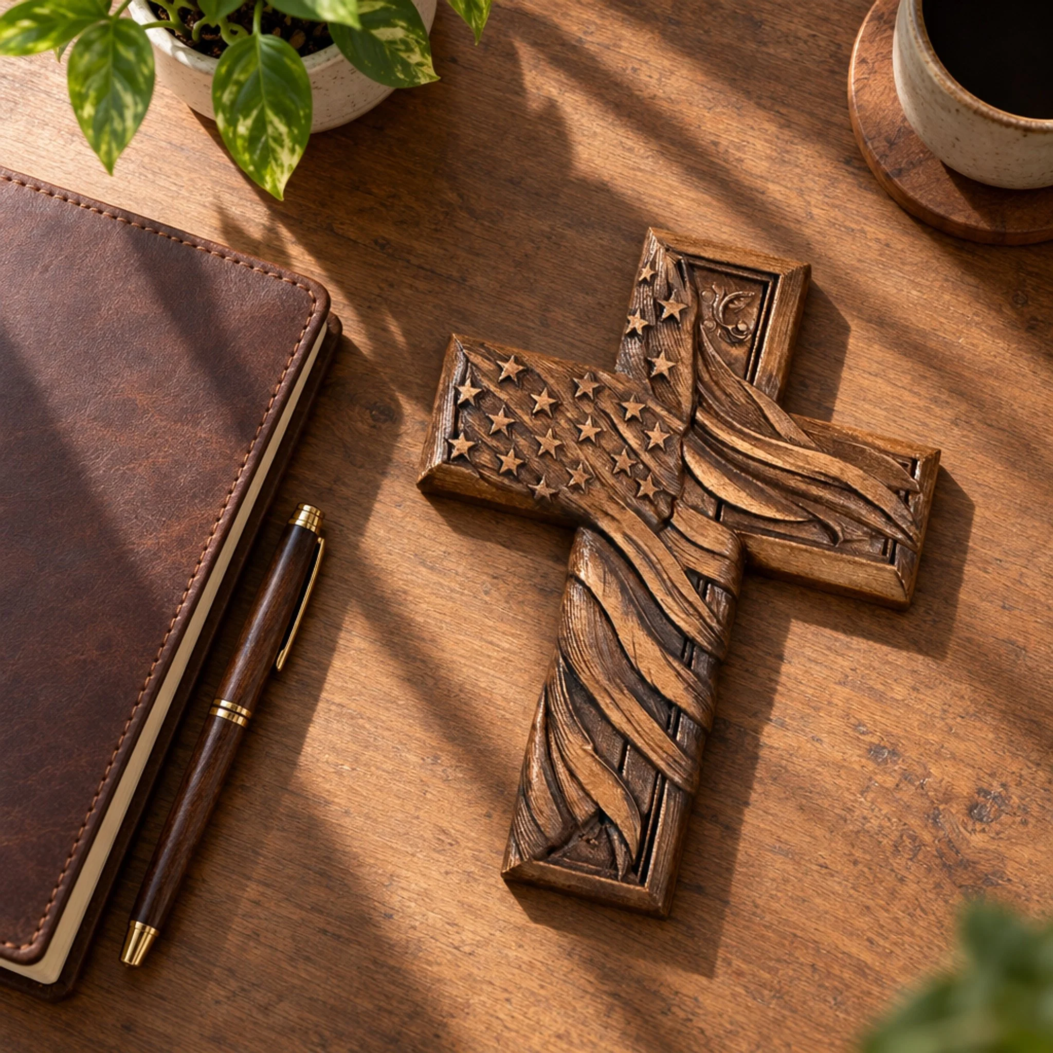Overhead view of carved American flag wood cross on a desk beside a journal and pen