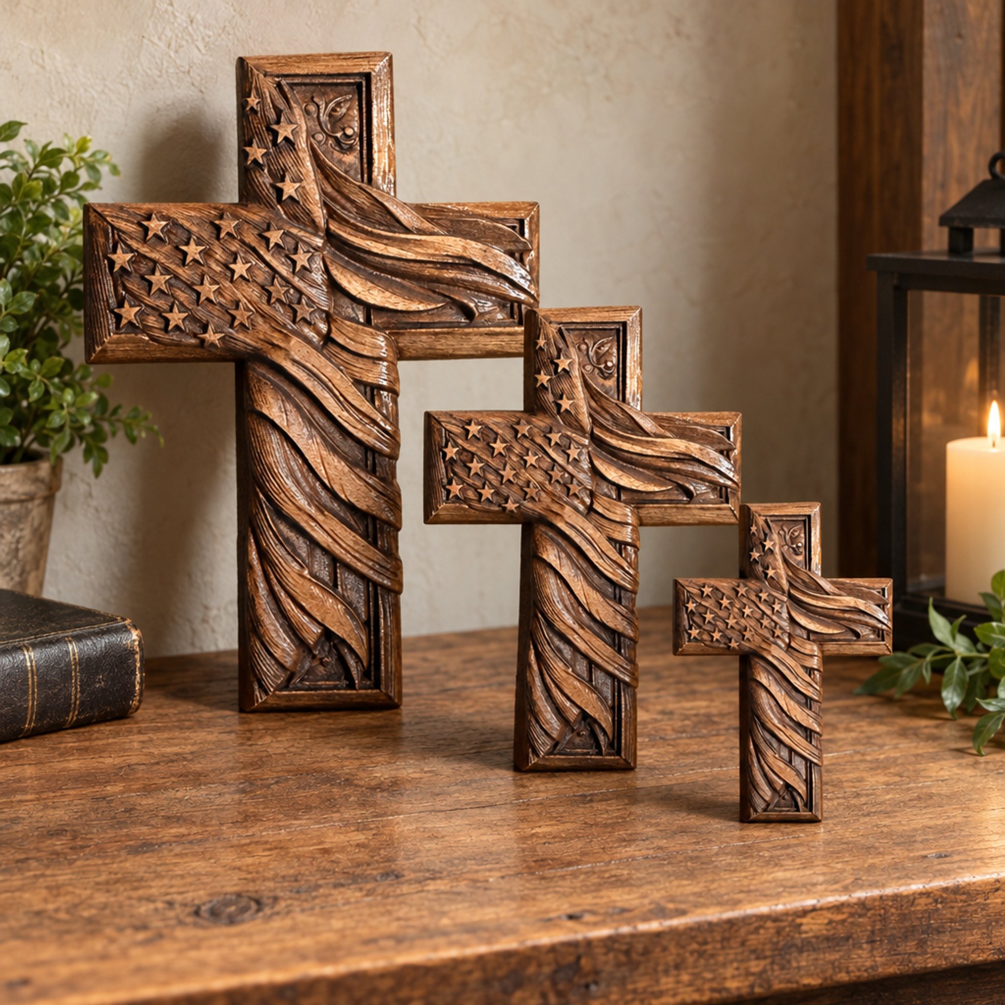 Three American flag wood crosses of different sizes displayed together