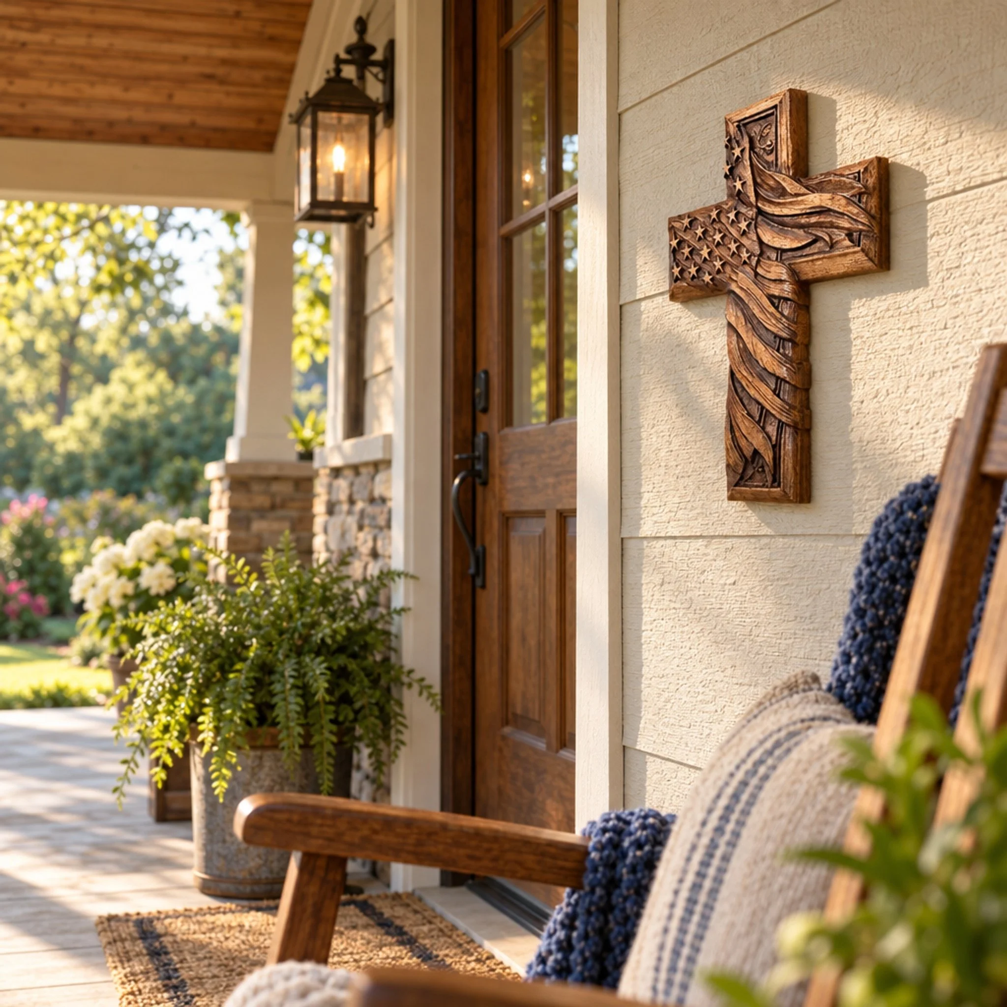 American flag wood cross on a covered porch beside the front door