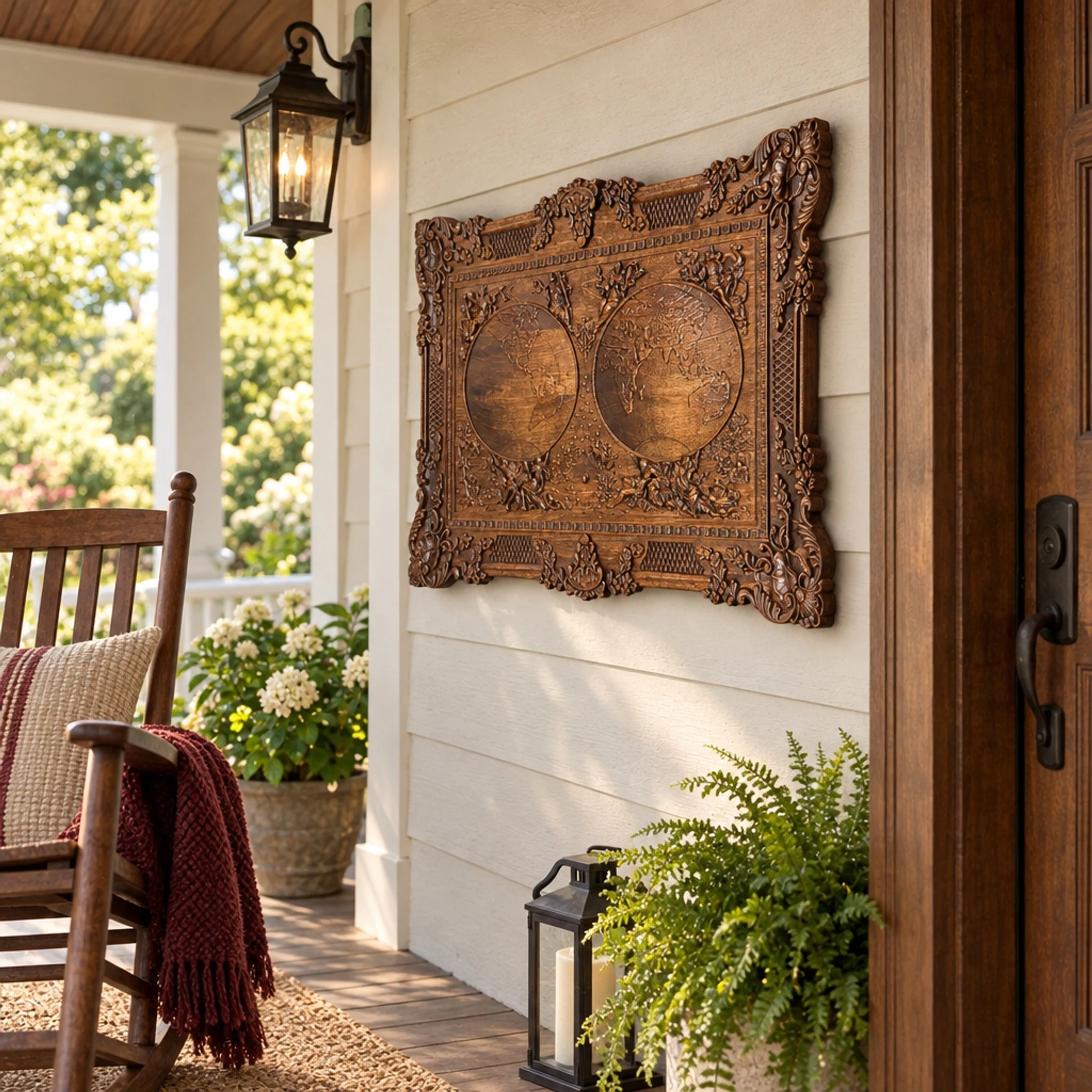 World map plaque displayed beside a front door on a covered porch