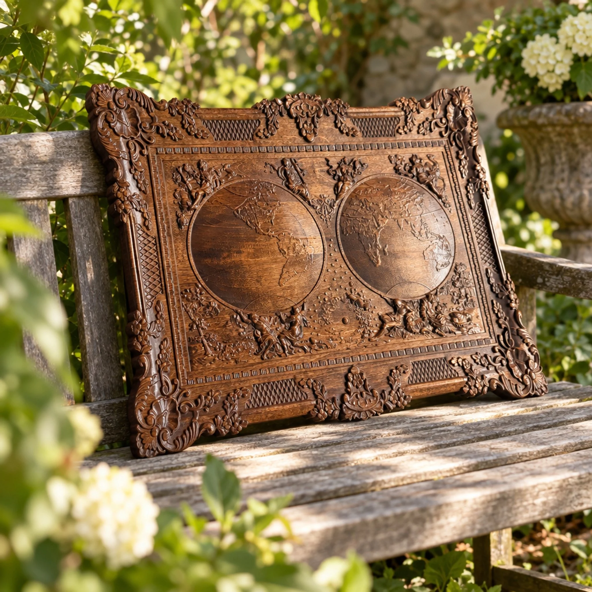 World map plaque resting on a garden bench among flowering plants