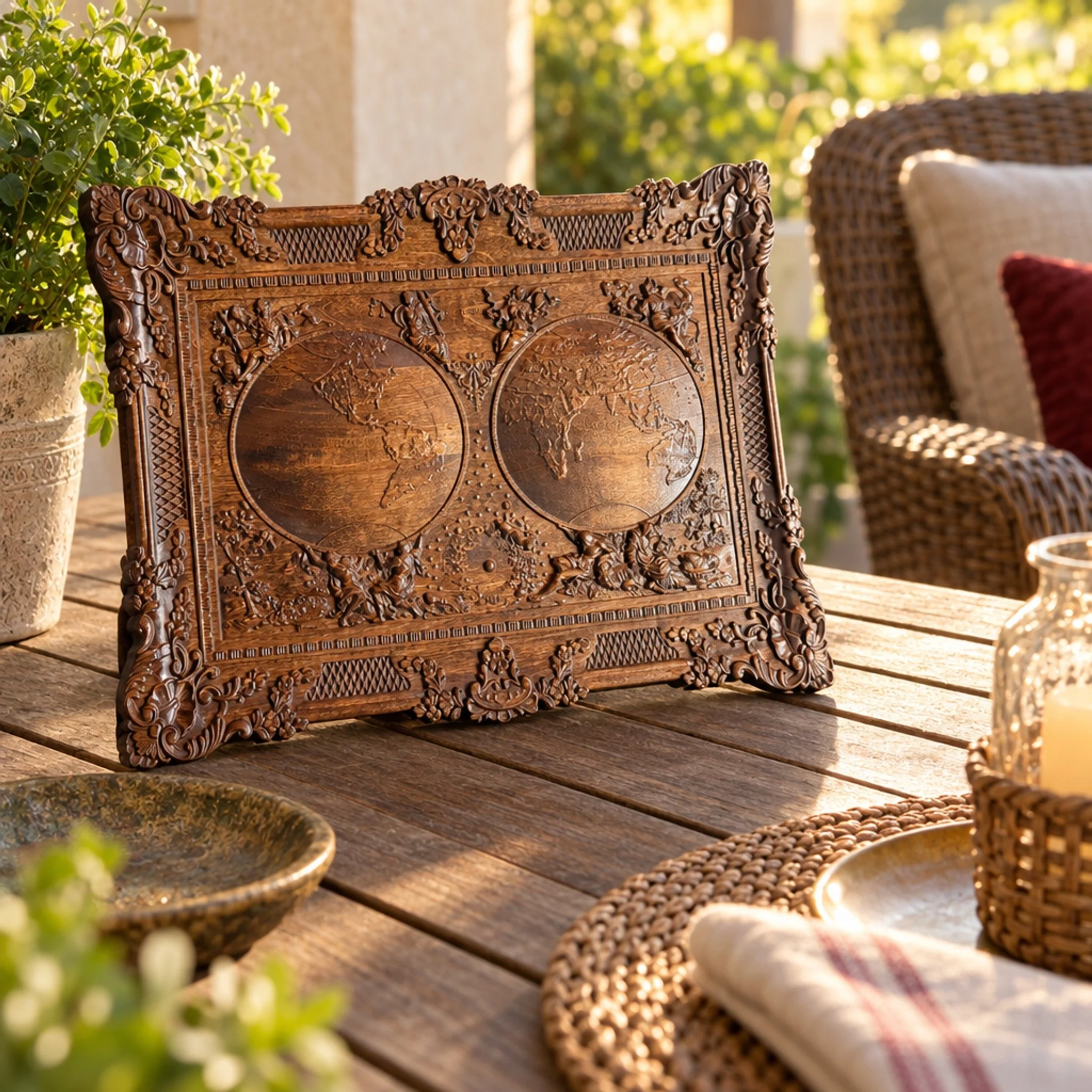 World map plaque standing on a patio table beside a chair and candle