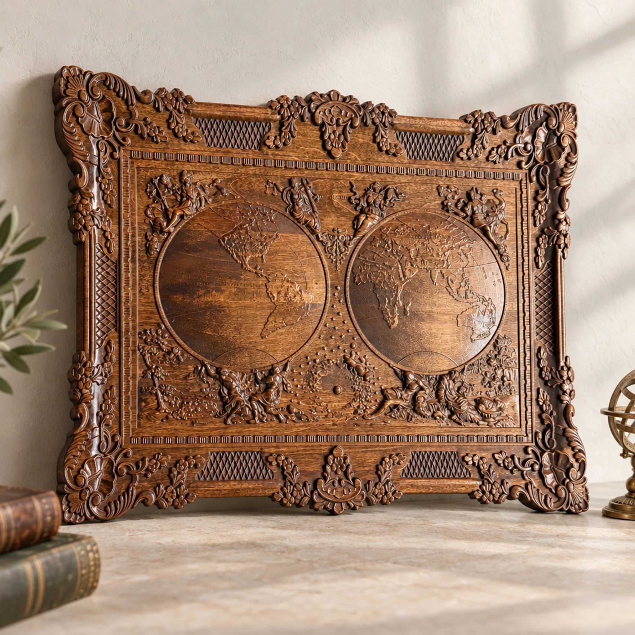Front view of carved maple world map plaque with two hemispheres and an ornate floral border