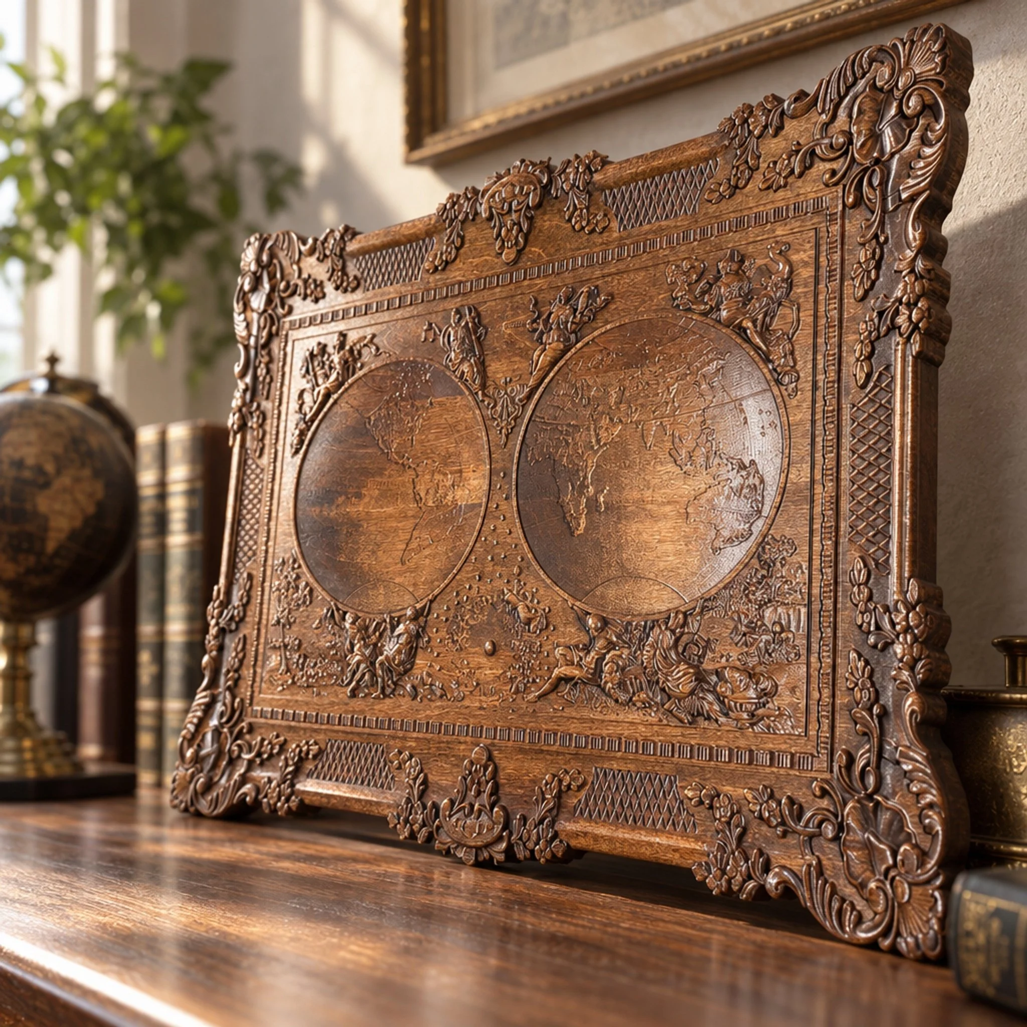 Angled side view of carved world map plaque showing raised detail beside books and a globe