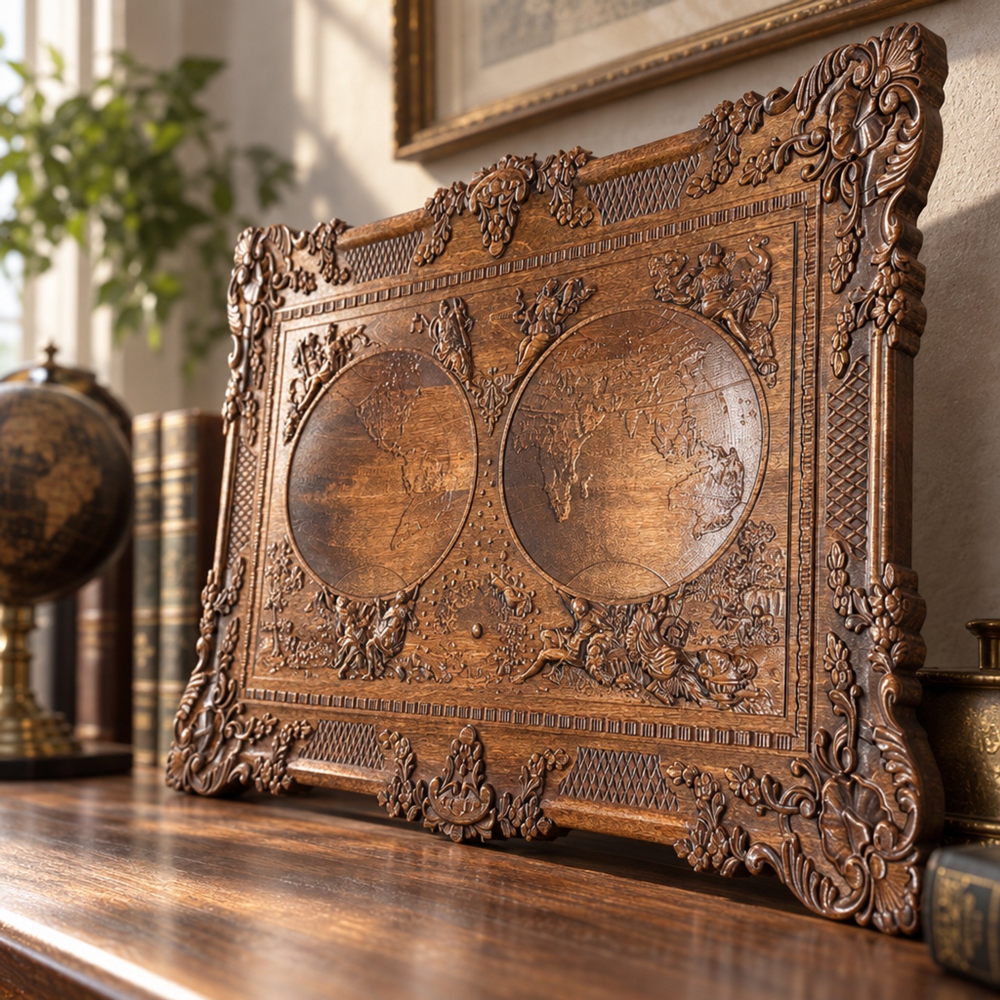 Angled side view of carved world map plaque showing raised detail beside books and a globe