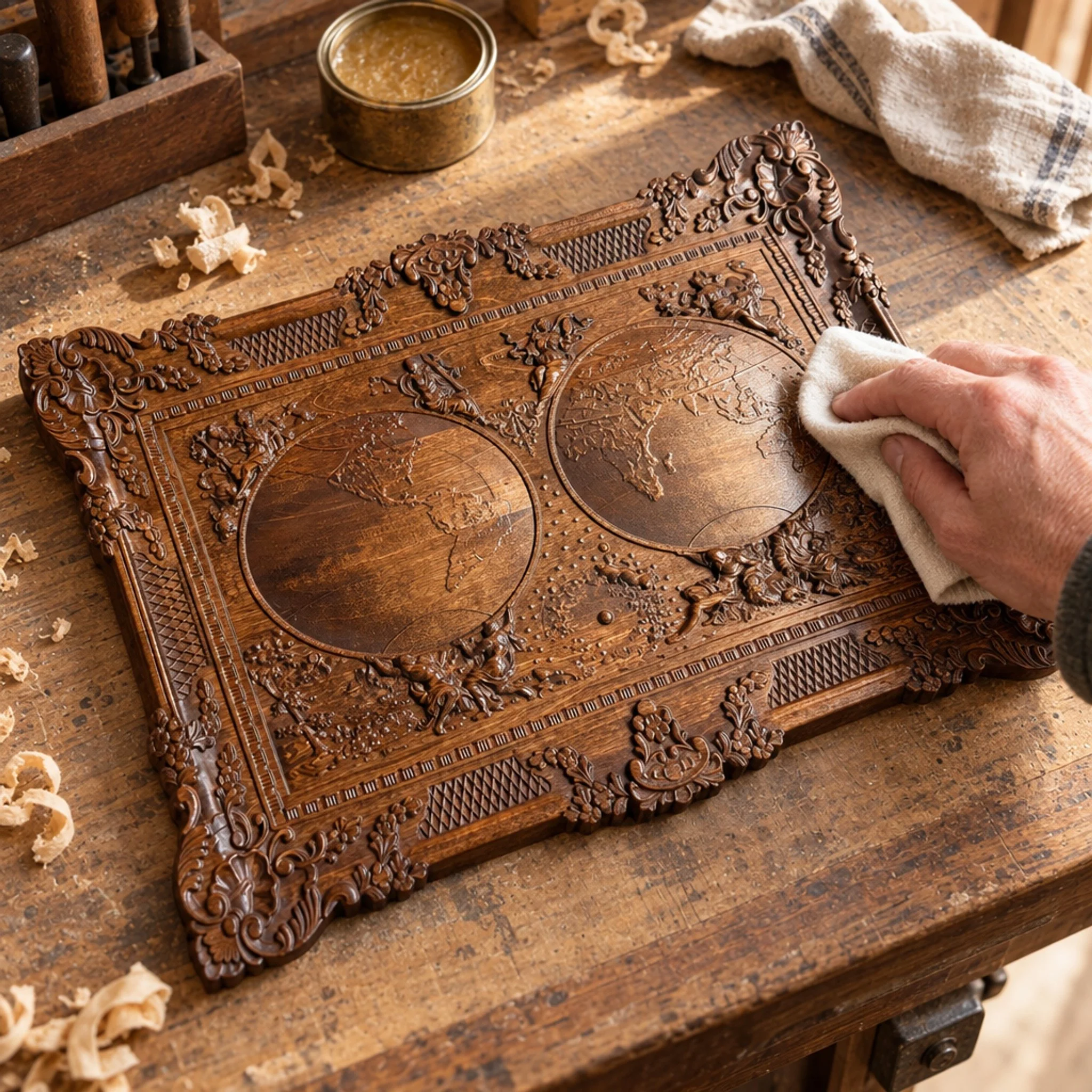 Hand polishing carved world map plaque on a woodworking bench