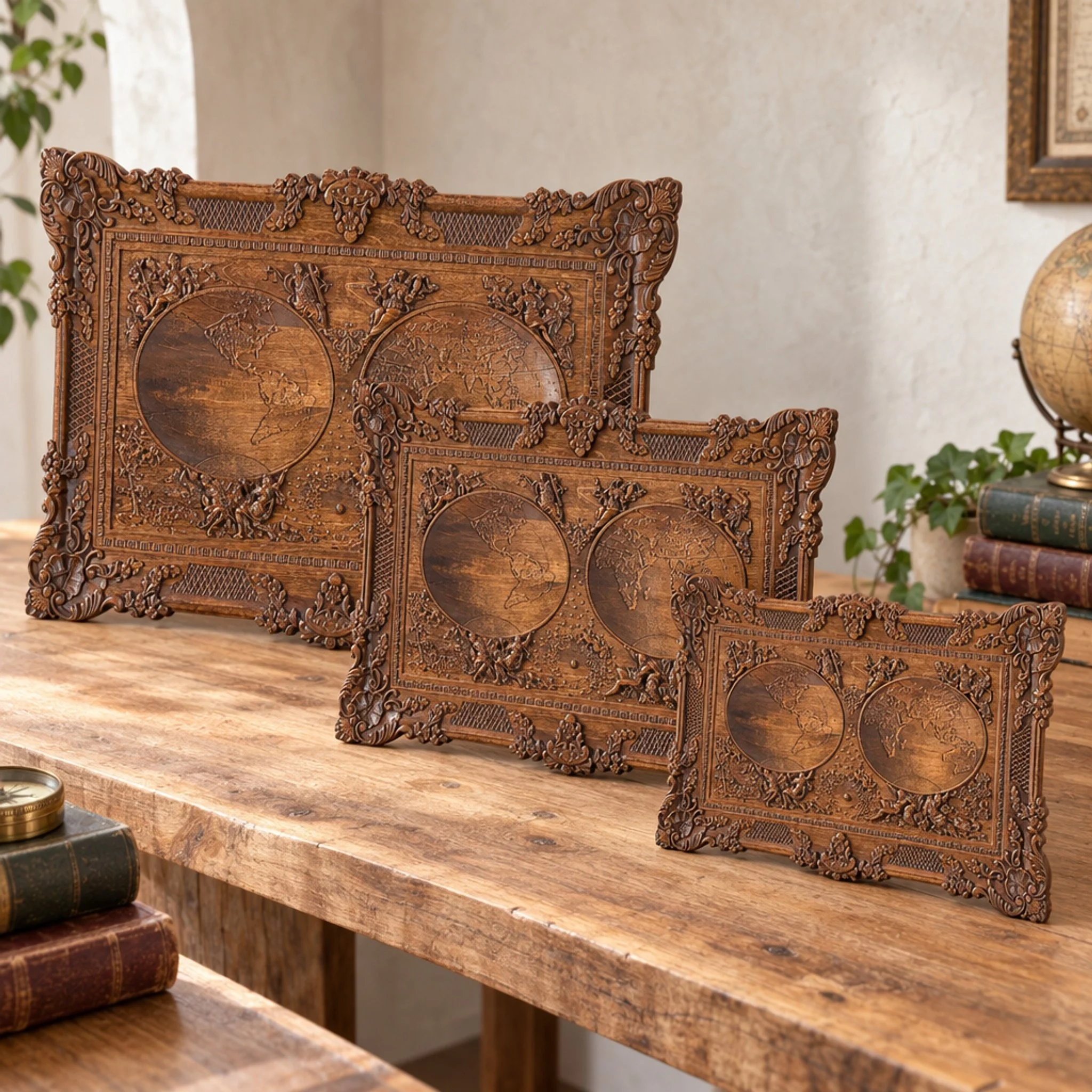 Three carved world map plaques shown together in different sizes