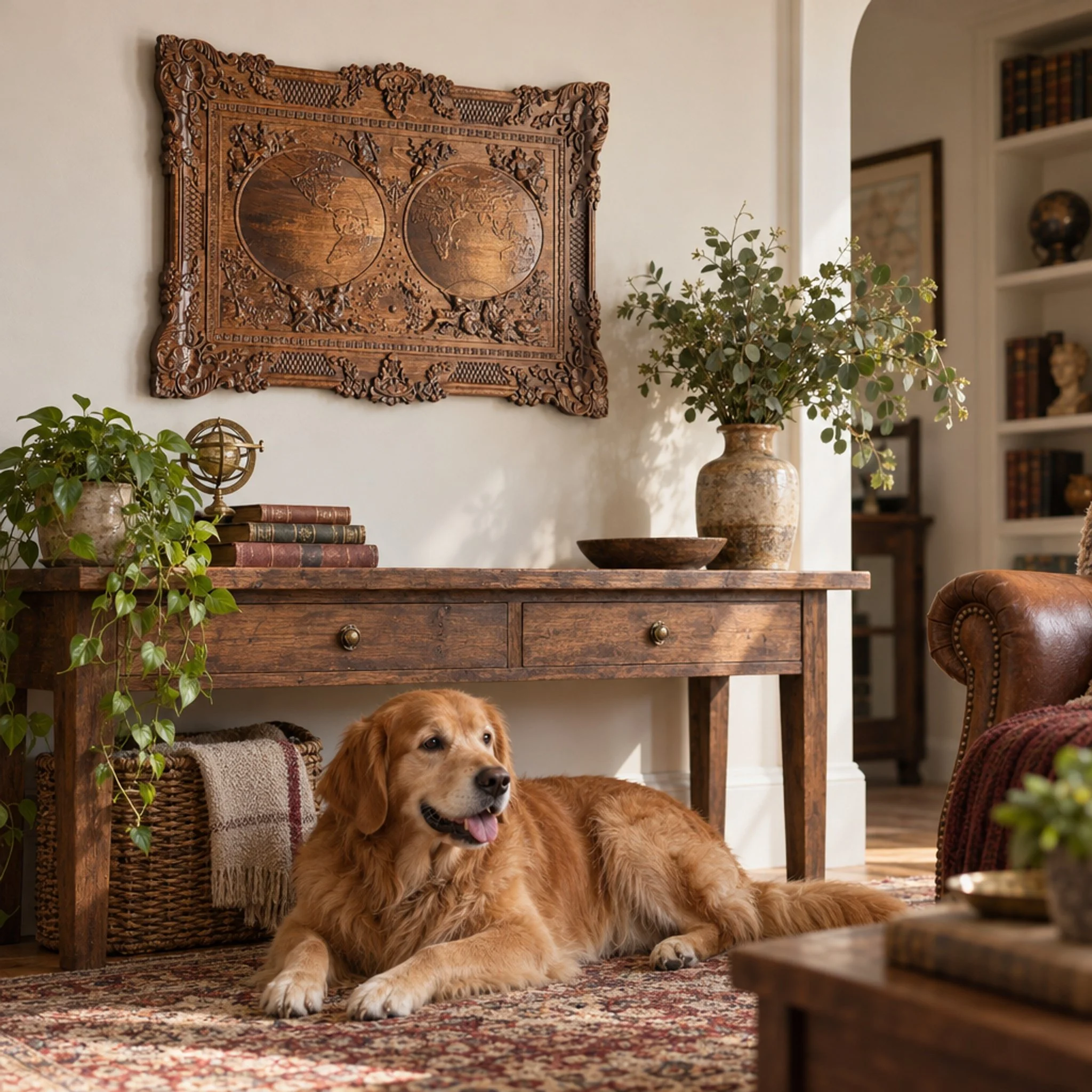 World map plaque above a console table with a dog resting on the rug
