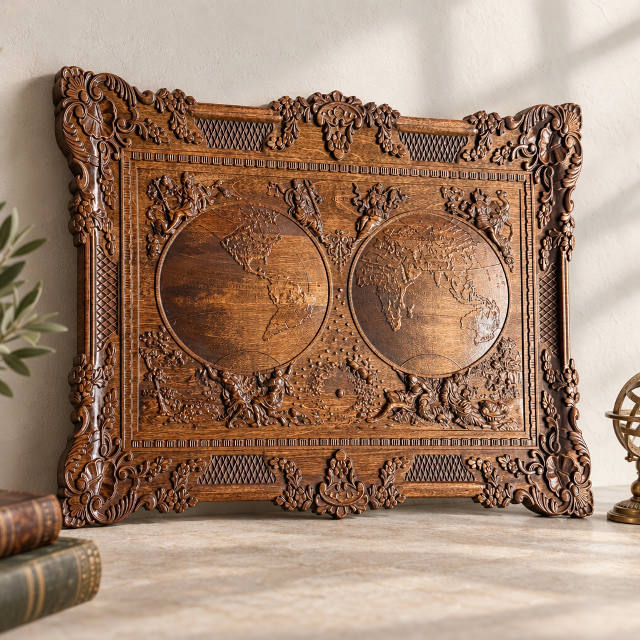 Front view of carved maple world map plaque with two hemispheres and an ornate floral border