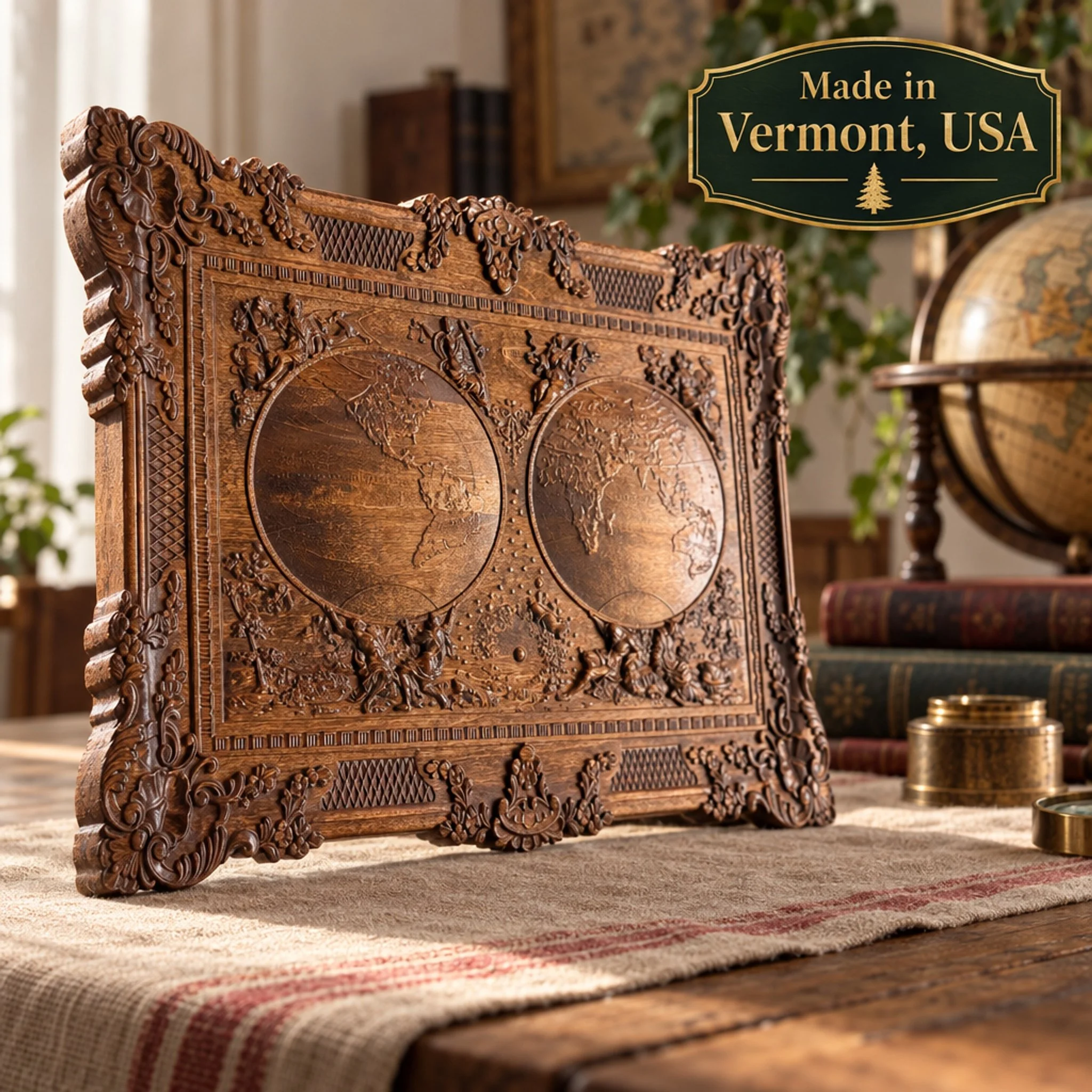 Angled world map plaque on a table with Made in Vermont USA graphic and a globe