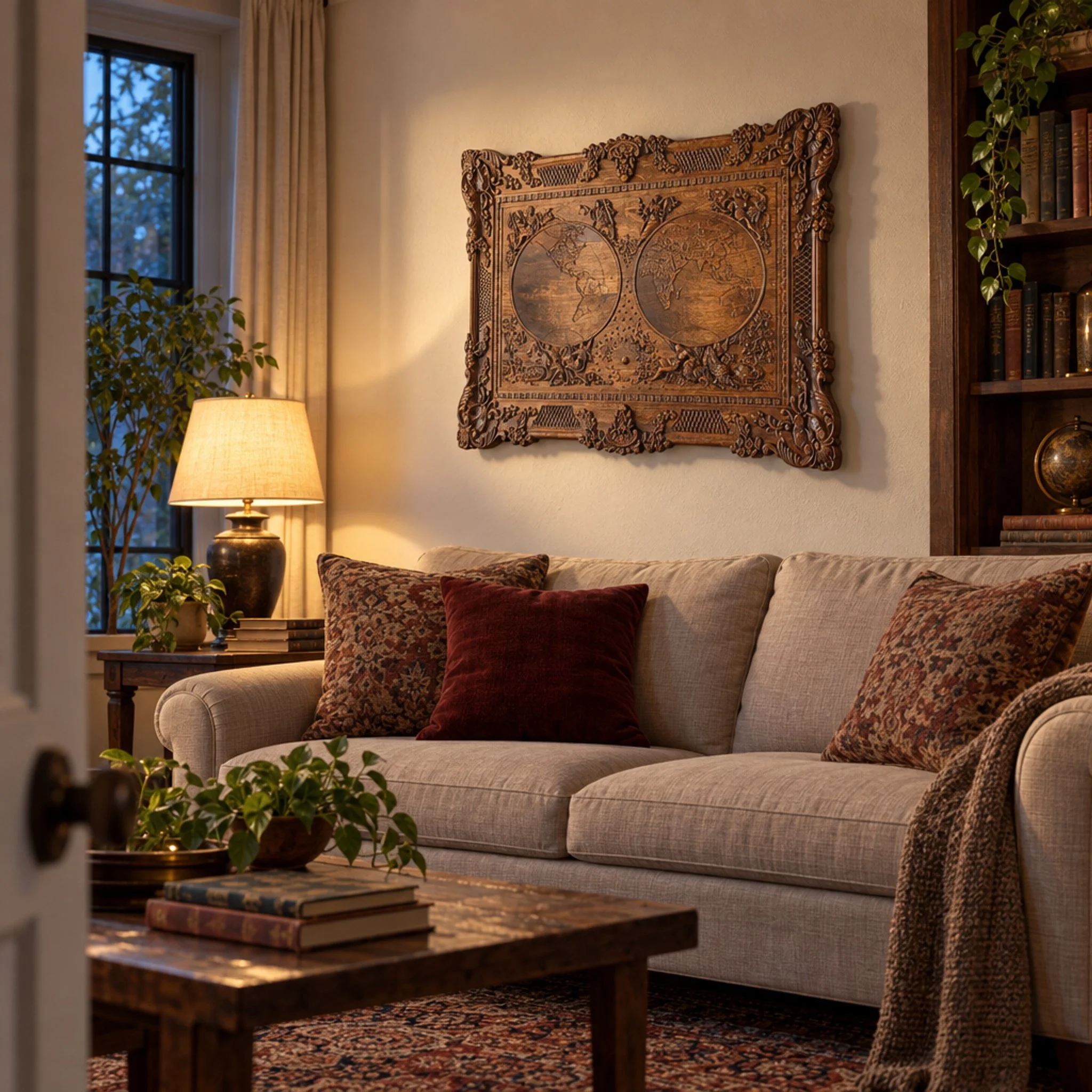 World map plaque above a sofa in a warm living room