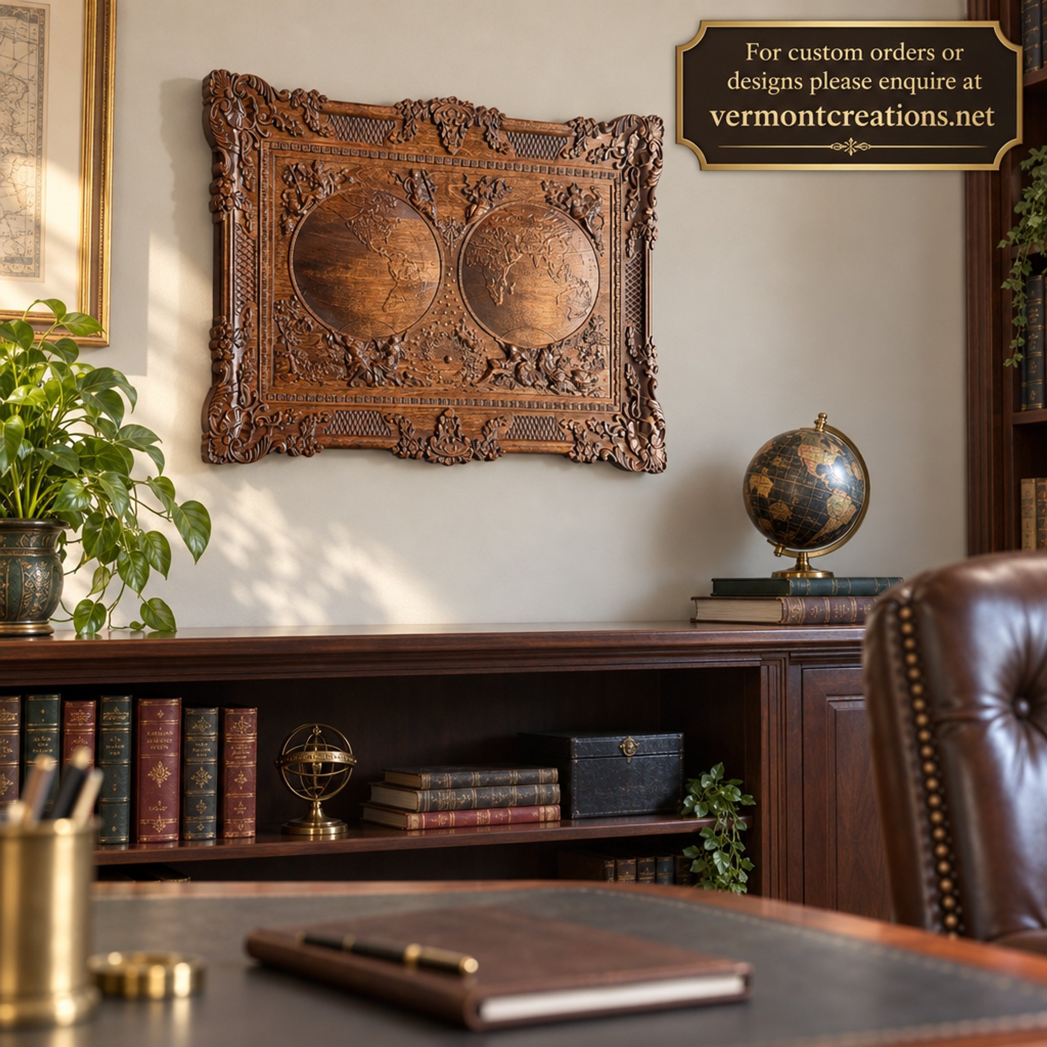 World map plaque above a library console with custom-order website notice
