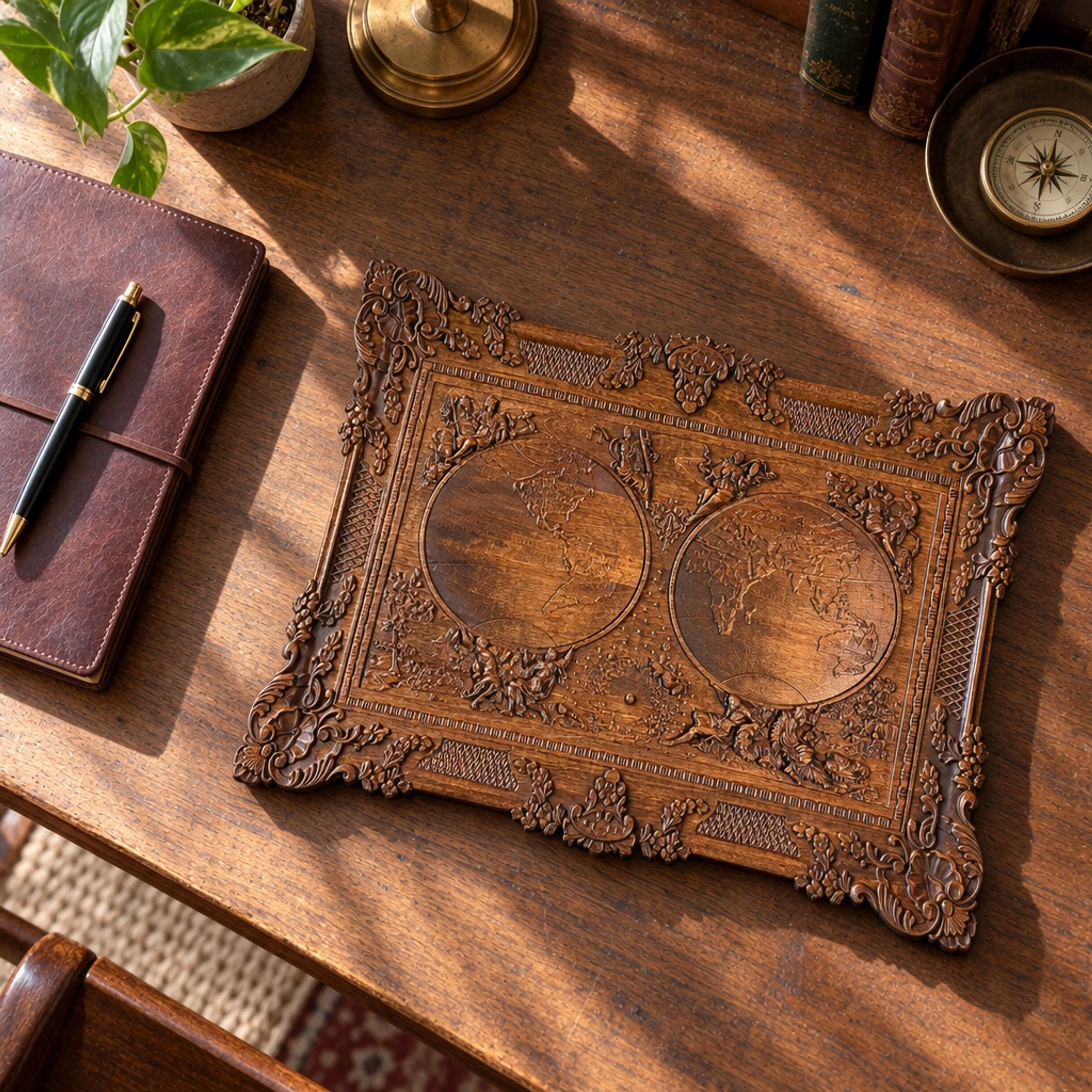 Overhead view of carved world map plaque on a desk beside a notebook and compass