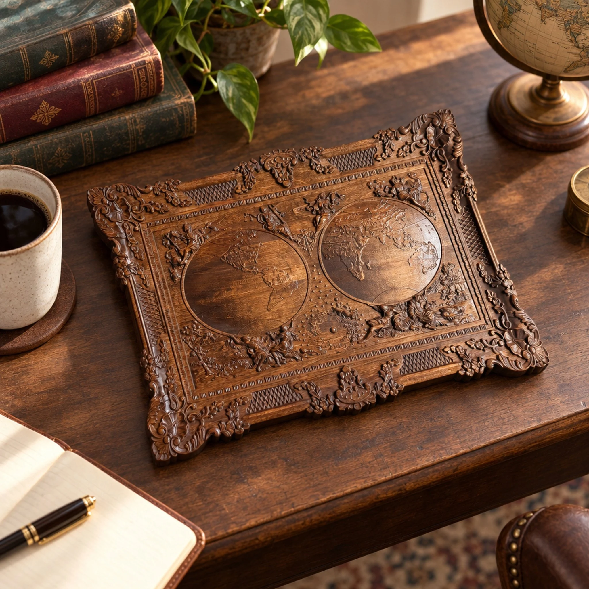 World map plaque on a desk with books, coffee, notebook, and globe