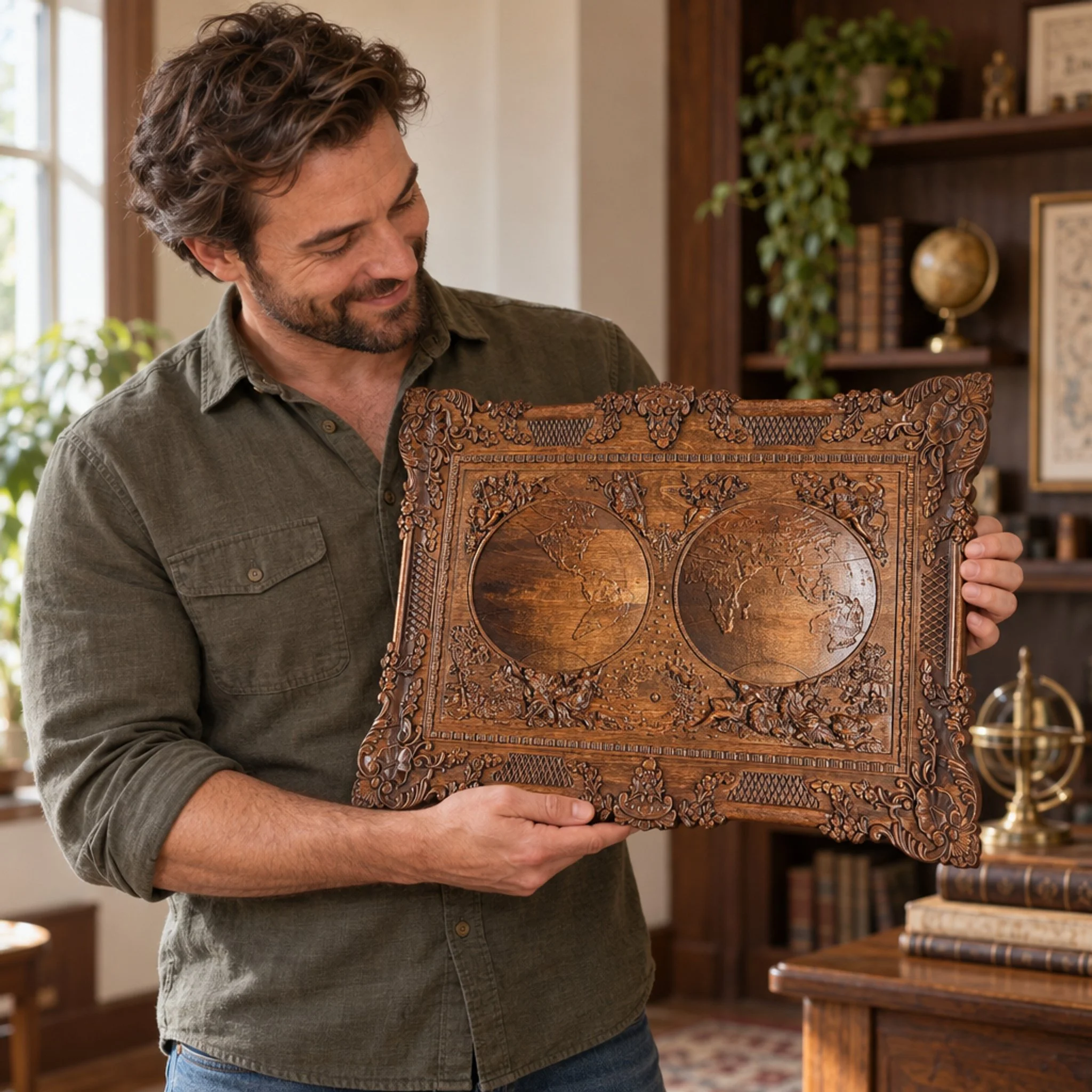 Person holding carved world map plaque in a study